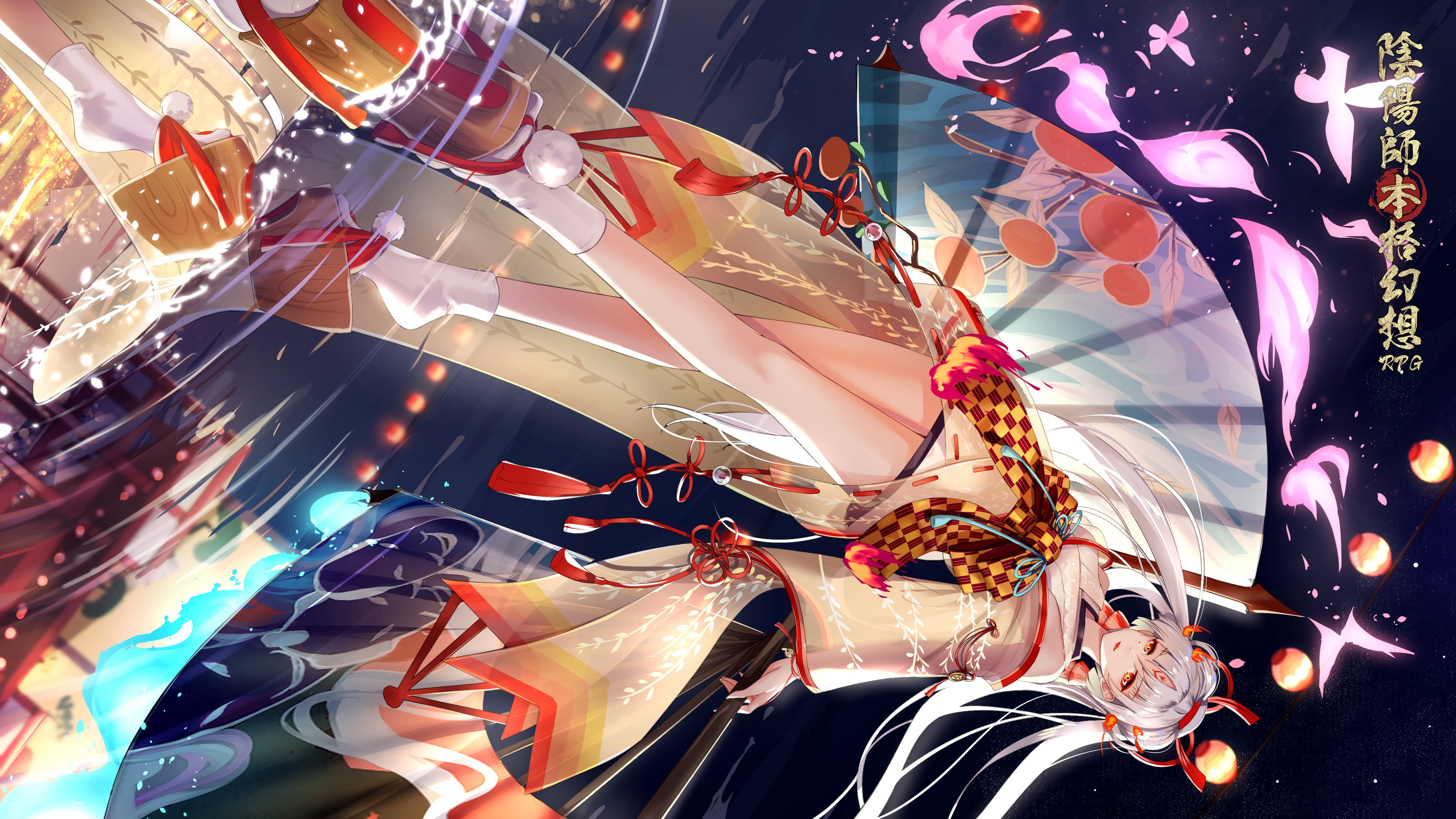 4K, anime, ribbons, anime girls, reflection, socks, Japanese kimono, petals, red eyes, long hair, blonde, Onmyoji, kimono, HD Wallpaper