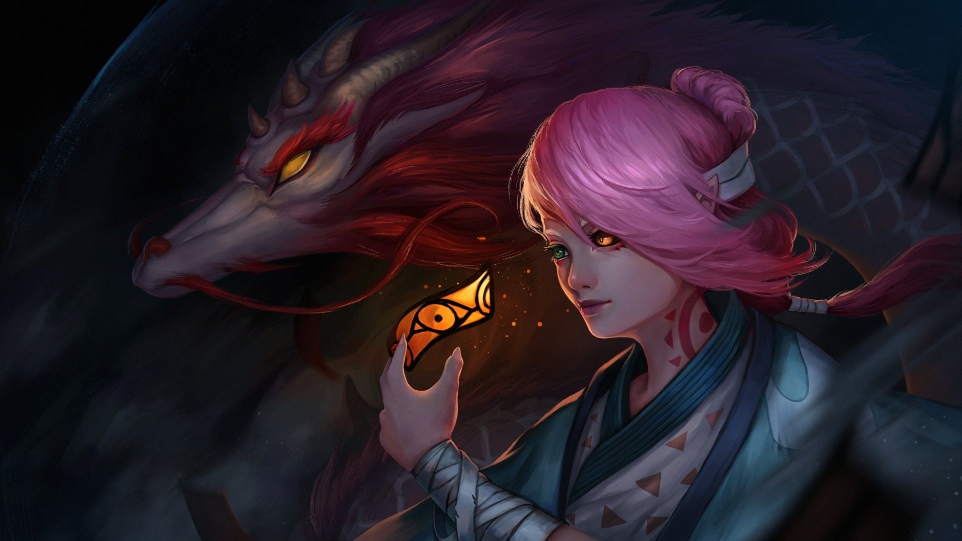 1080P, Dragon, Fantasy, Woman, Women, Onmyoji, Girl, Heterochromia, Oriental, Pink Hair, HD Wallpaper