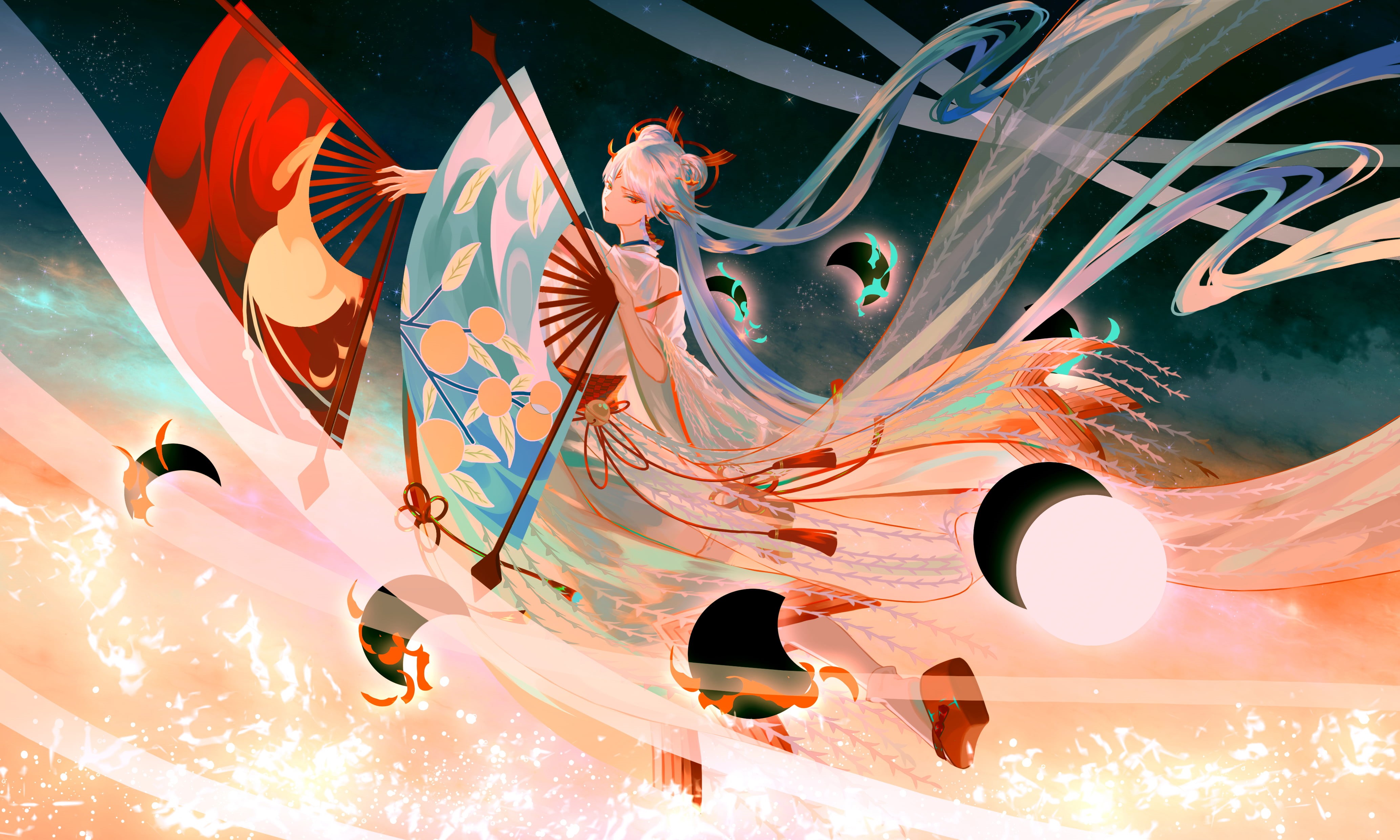 red eyes, Moon, anime girls, blonde, anime, space, ribbons, Onmyoji, hand fan, kimono, 4K, stars, clouds, long hair, HD Wallpaper