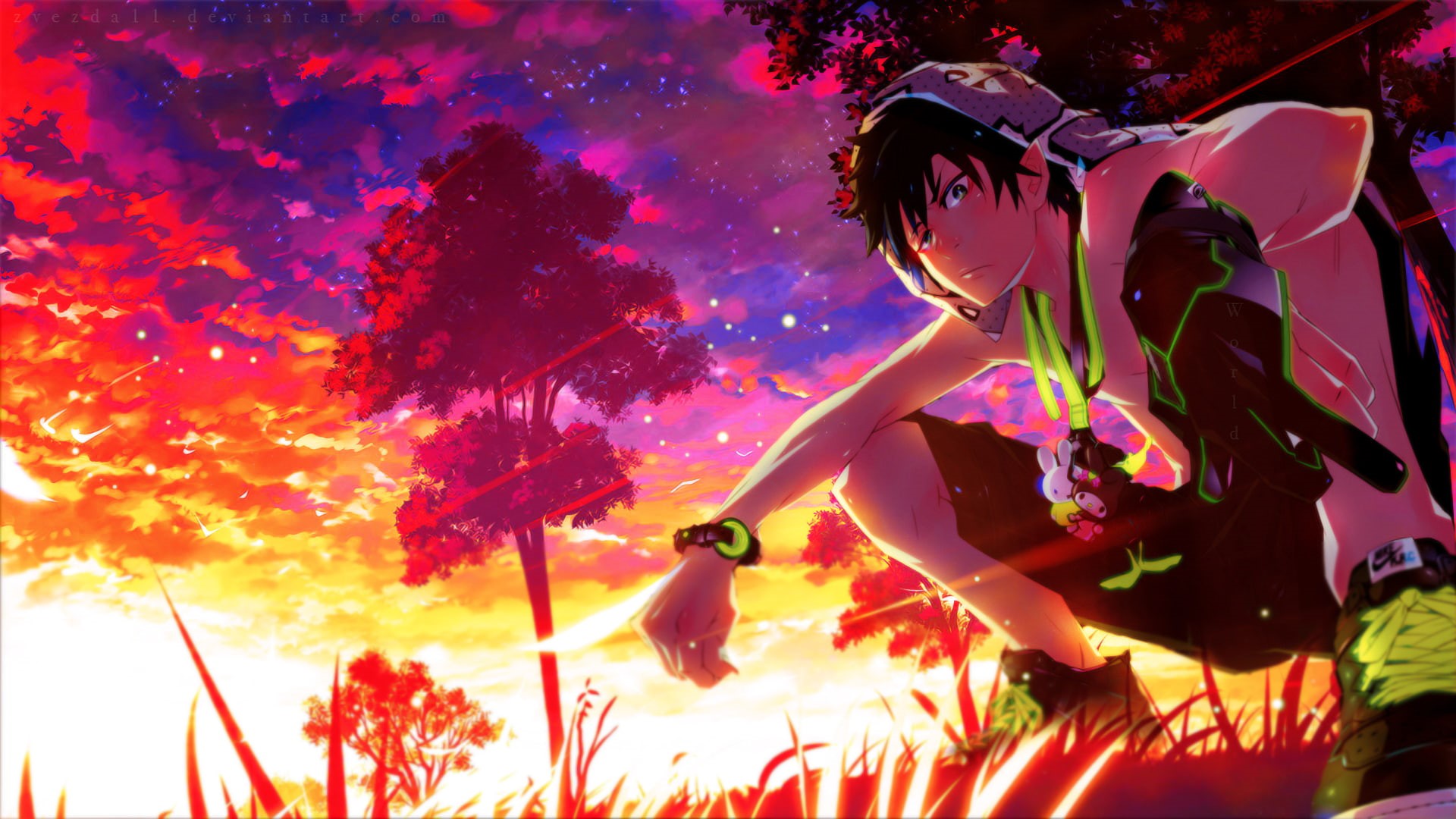 three quarter length, young adult, nature, plant, tree, rin okumura, side view, low angle view, 1080P, celebration, outdoors, scenic, Anime, illuminated, HD Wallpaper
