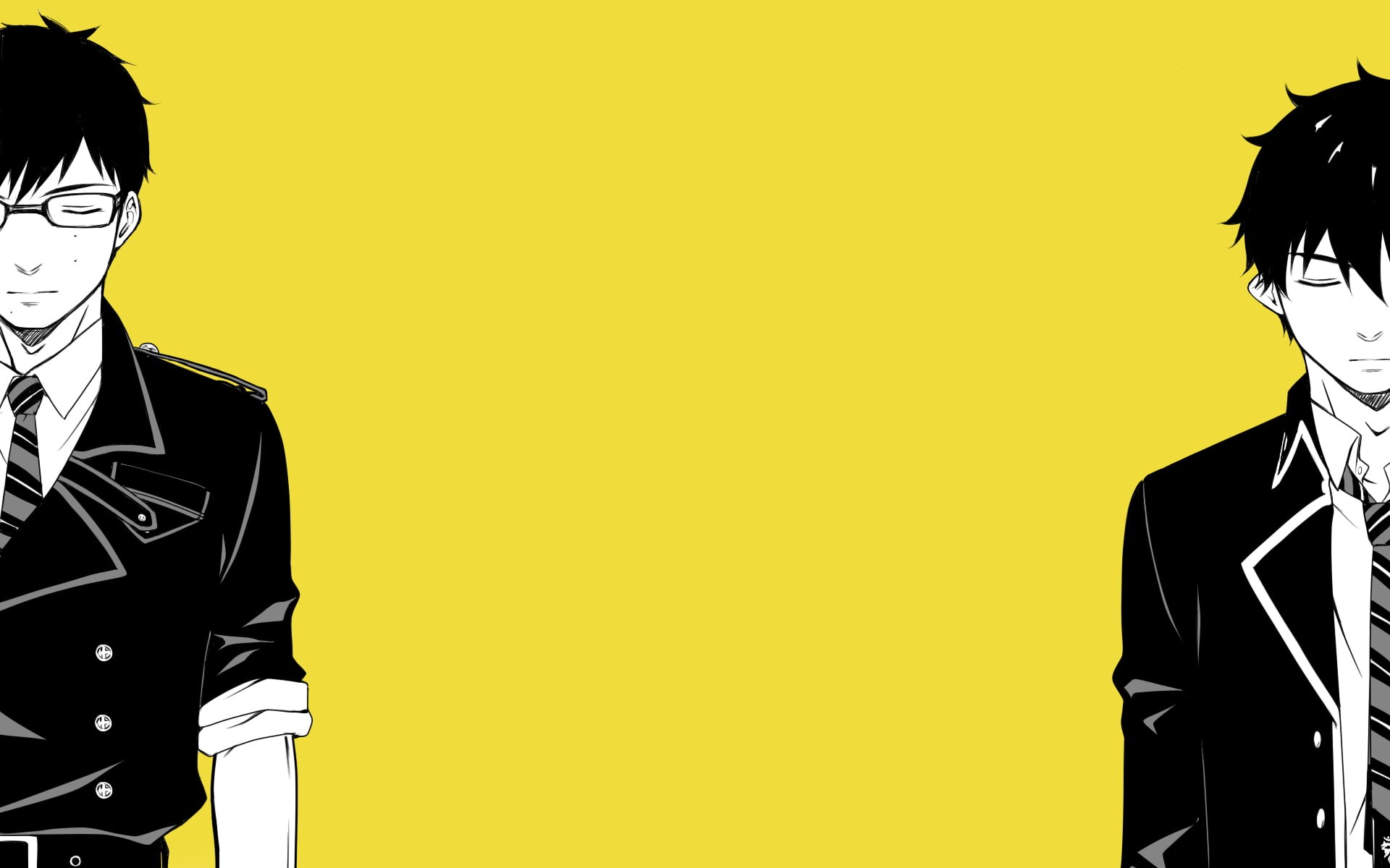 young men, Okumura Rin, indoors, well-dressed, yellow, adult, occupation, studio shot, Okumura Yukio, creativity, copy space, people, Blue Exorcist, clothing, HD Wallpaper