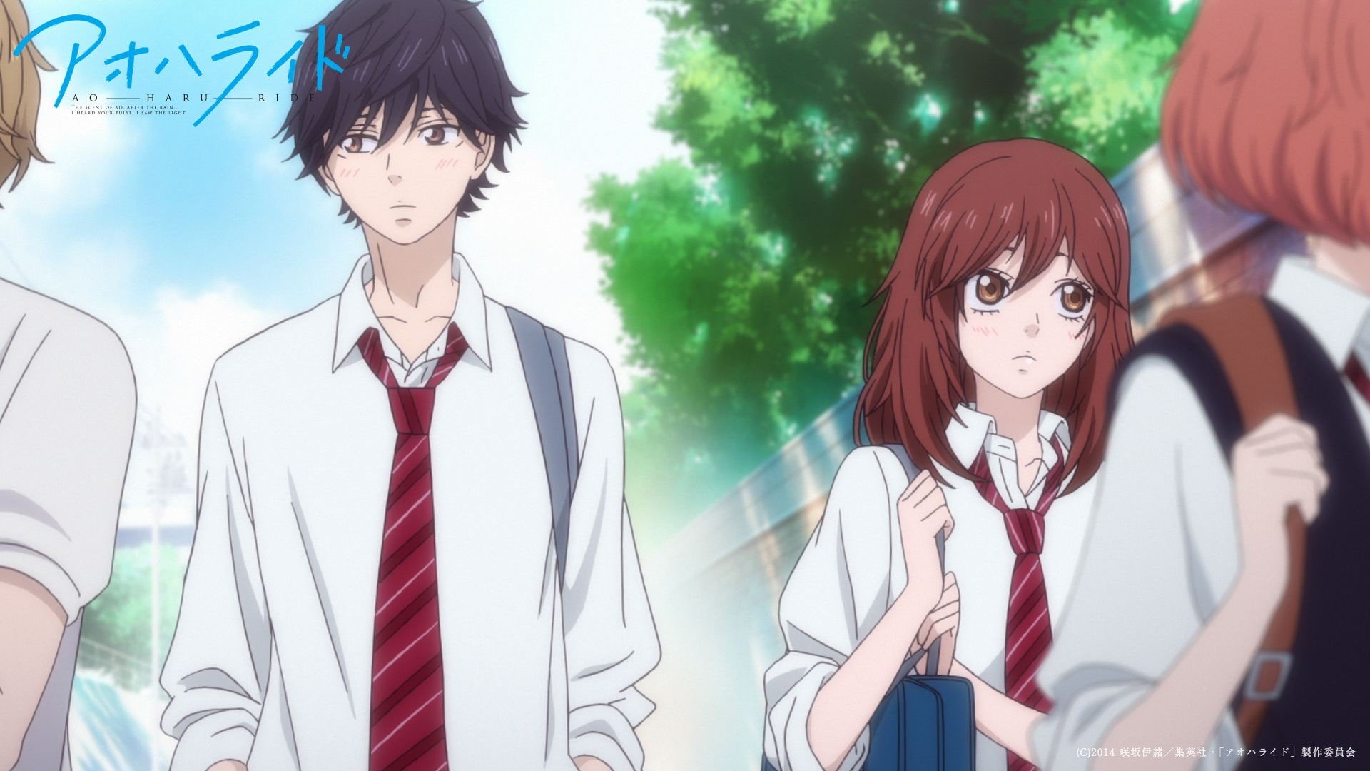 day, 1080P, women, bangs, Anime, waist up, adult, young adult, hairstyle, looking at camera, fashion, three people, portrait, Ao Haru Ride, lifestyles, HD Wallpaper