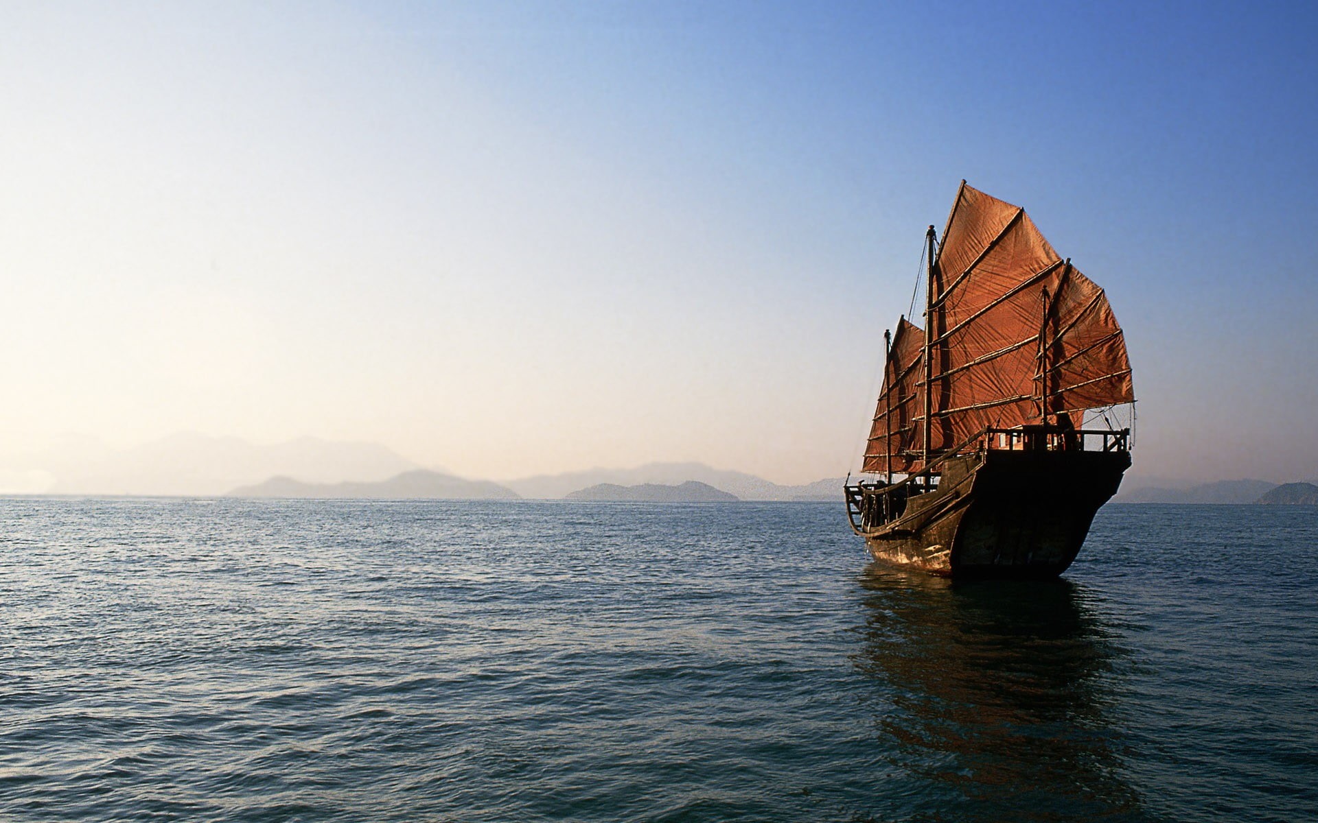 China, clear sky, tranquility, beauty in nature, scenics - nature, sailboat, wooden, nature, day, sky, water, 1080P, boat, sea, brown, nautical vessel, HD Wallpaper