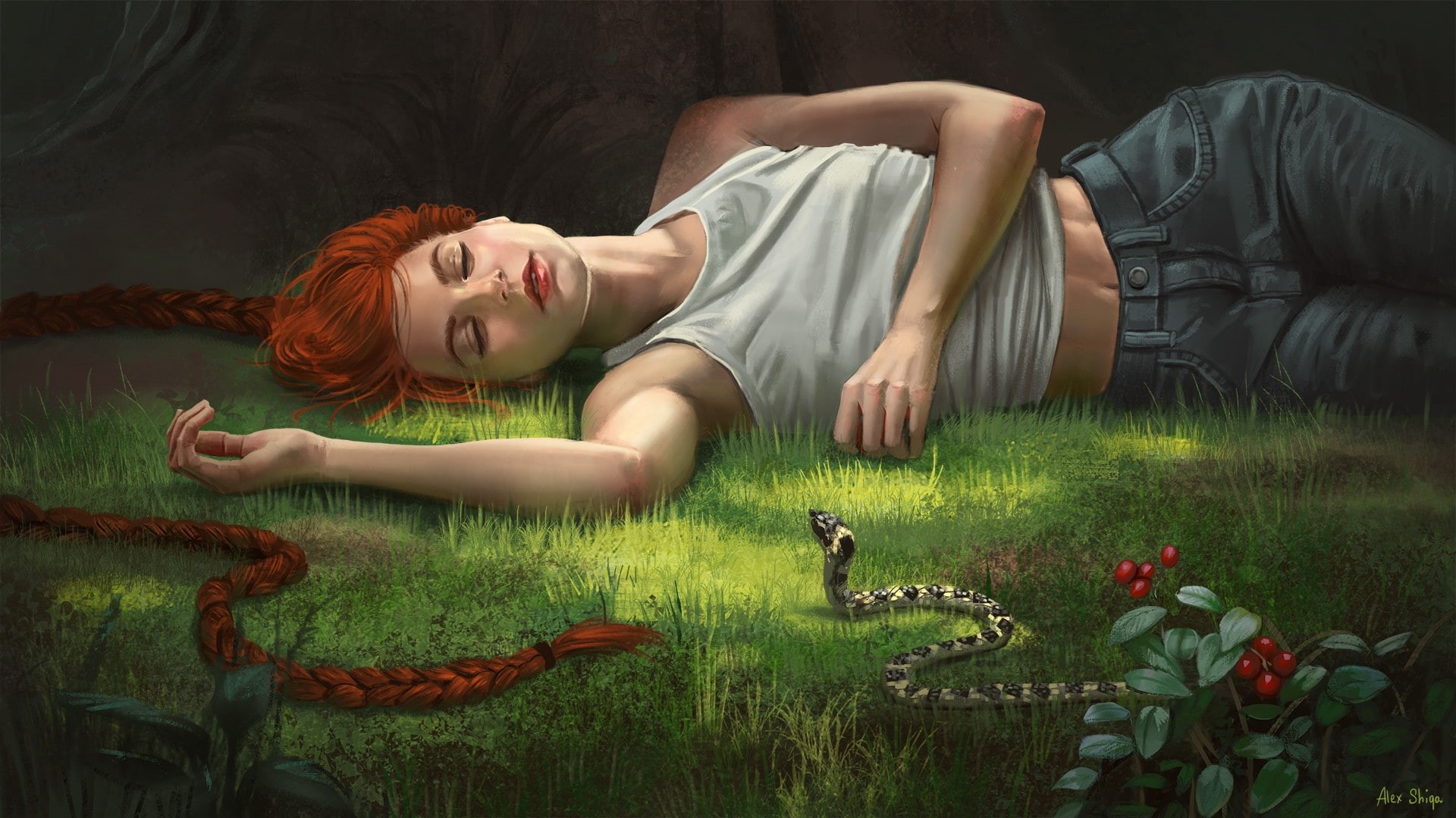 fantasy, Illustrator, girl, art, Alex Shiga, 1080P, snake, forest, A slumber, HD Wallpaper