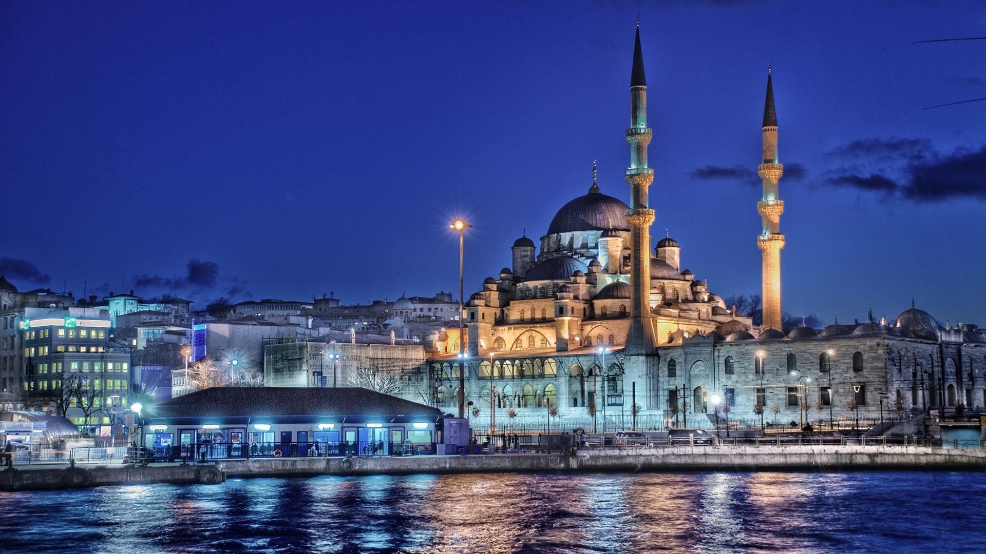 Turkey, sea, night, city, travel, building exterior, 1080P, outdoors, tower, home, water, sky, illuminated, building, no people, lights, New mosque, Istanbul, HD Wallpaper