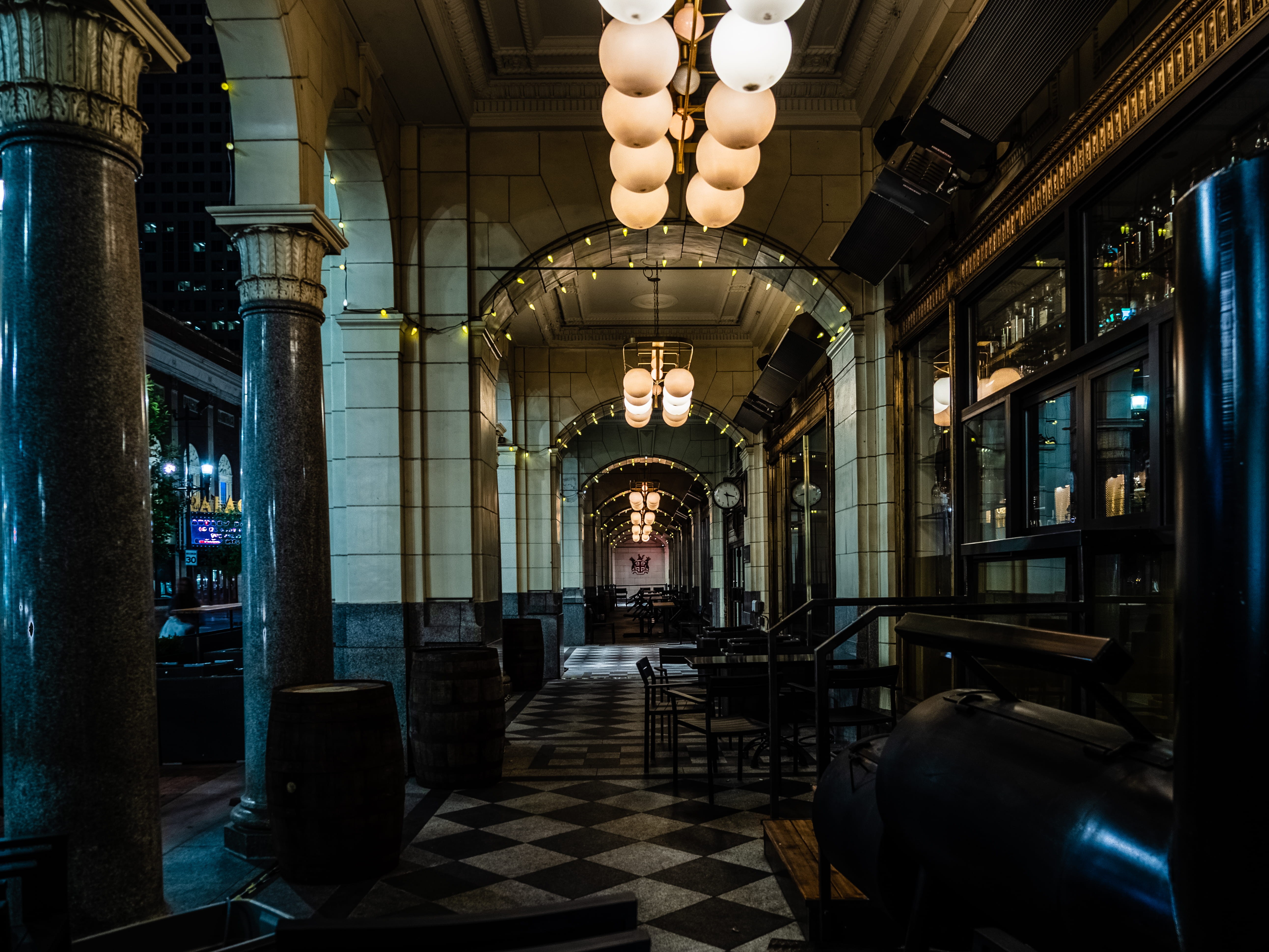 illuminated, light, hardwood, pub, electric lamp, no people, lighting equipment, day, indoors, interior design, arch, bar counter, room, wood, floor, flooring, HD Wallpaper