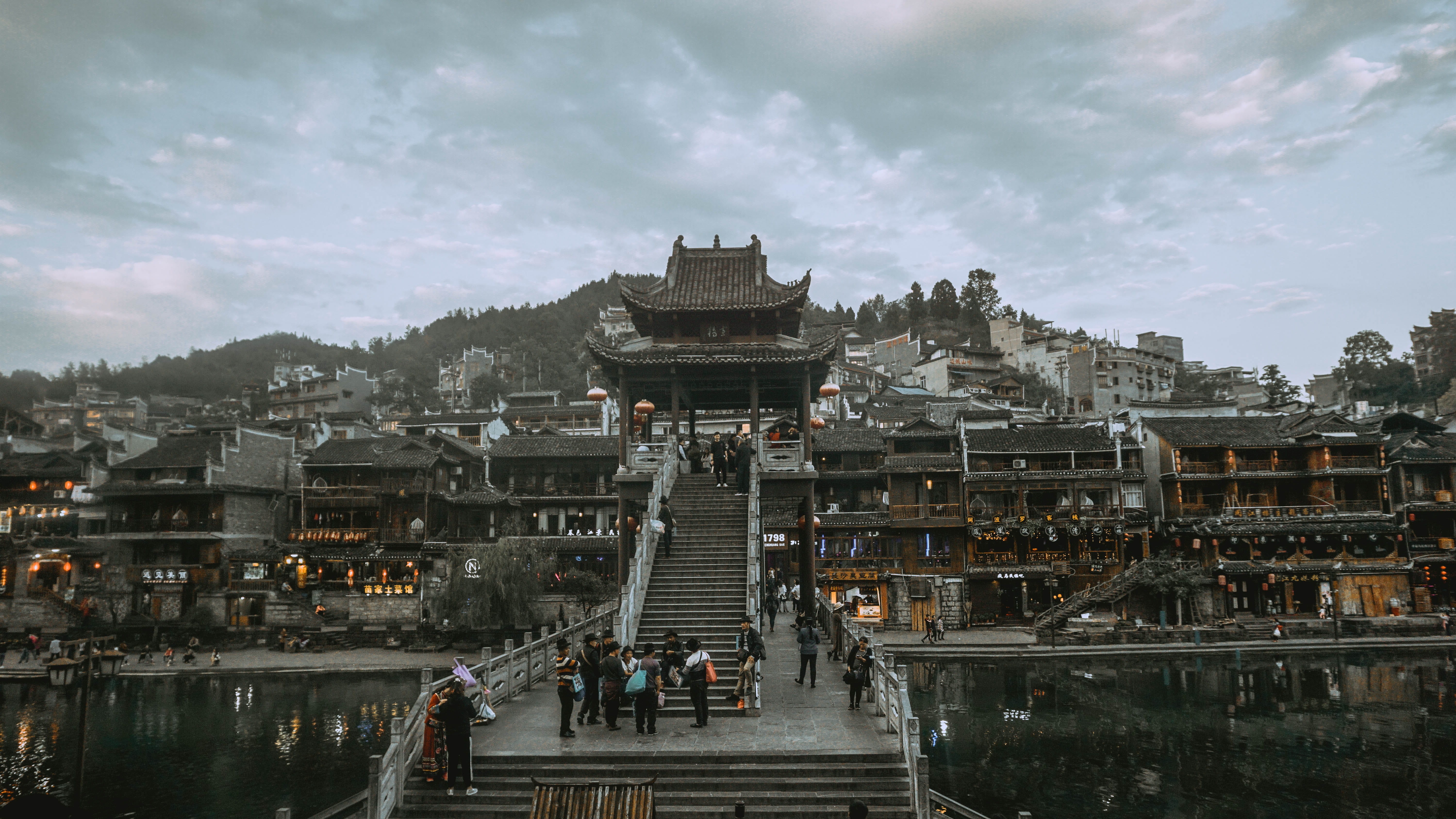 city, incidental people, sky, travel, people, tree, urban, tourism, place of worship, pagoda, mountain, town, nature, water, building exterior, worship, HD Wallpaper