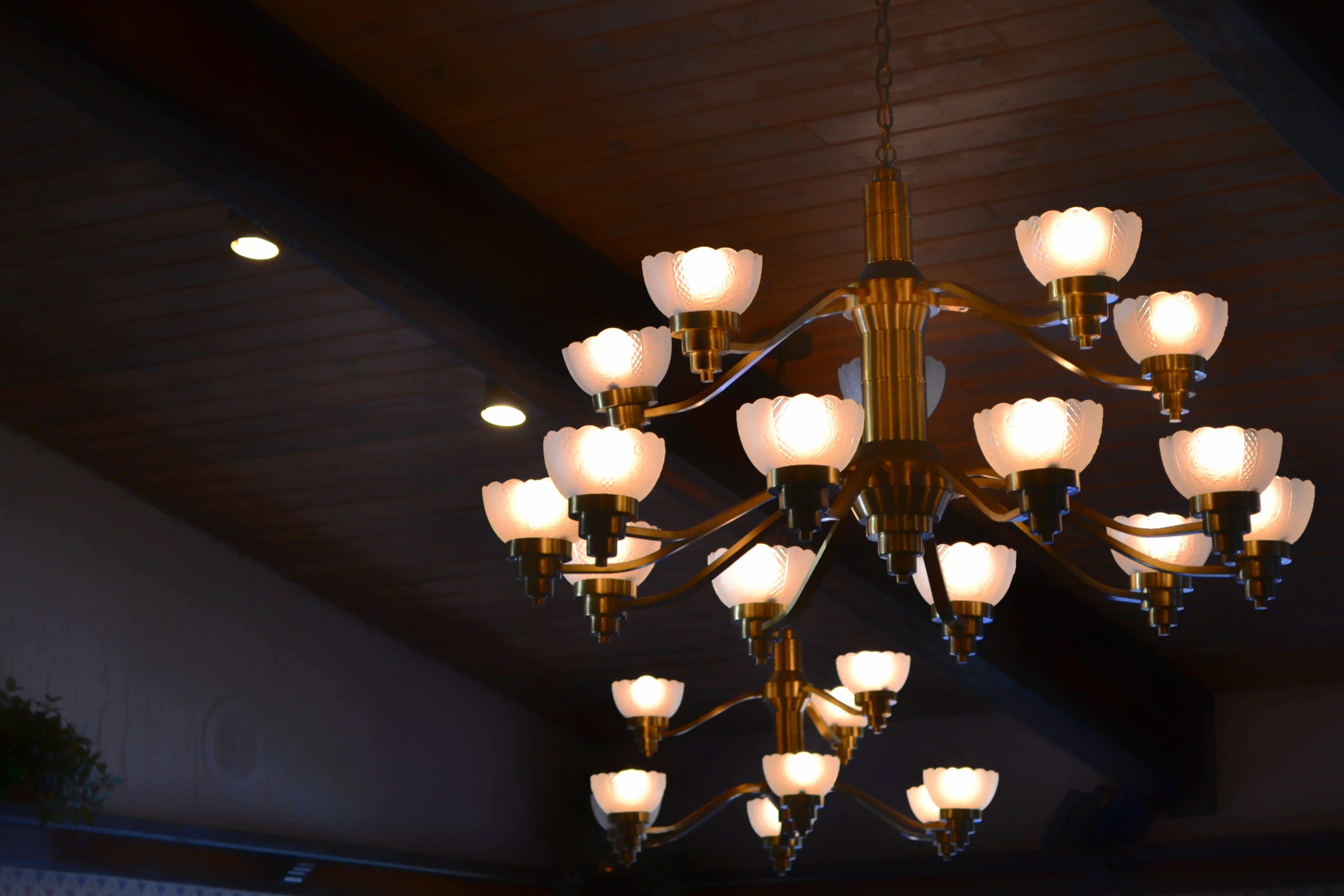 luminescence, chandelier, uplight, architecture, low angle view, lamp, electric lamp, golden, lightbulbs, glowing, decoration, electricity, wood, lighting equipment, HD Wallpaper