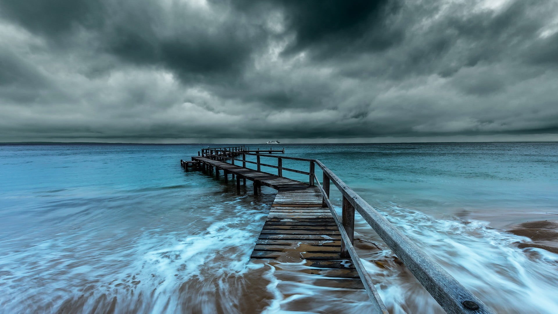 motion, clouds, sky, nature, pier, land, wave, 1080P, beach, scenics - nature, horizon over water, frame, horizon, overcast, beauty in nature, water, power in nature, HD Wallpaper