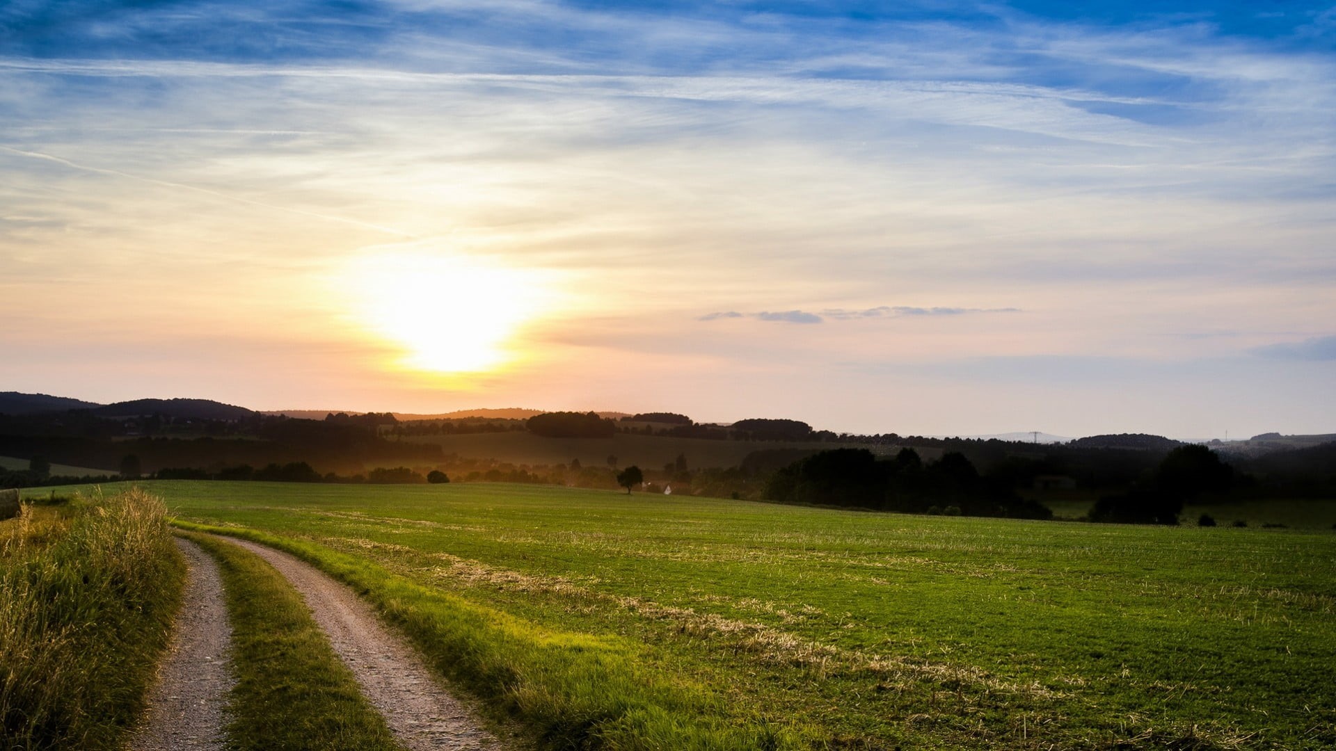 bench, sunset, framed, landscape, scenics - nature, nature, clouds, wooden, beauty in nature, 1080P, sunlight, tranquility, agriculture, brown, grass, HD Wallpaper