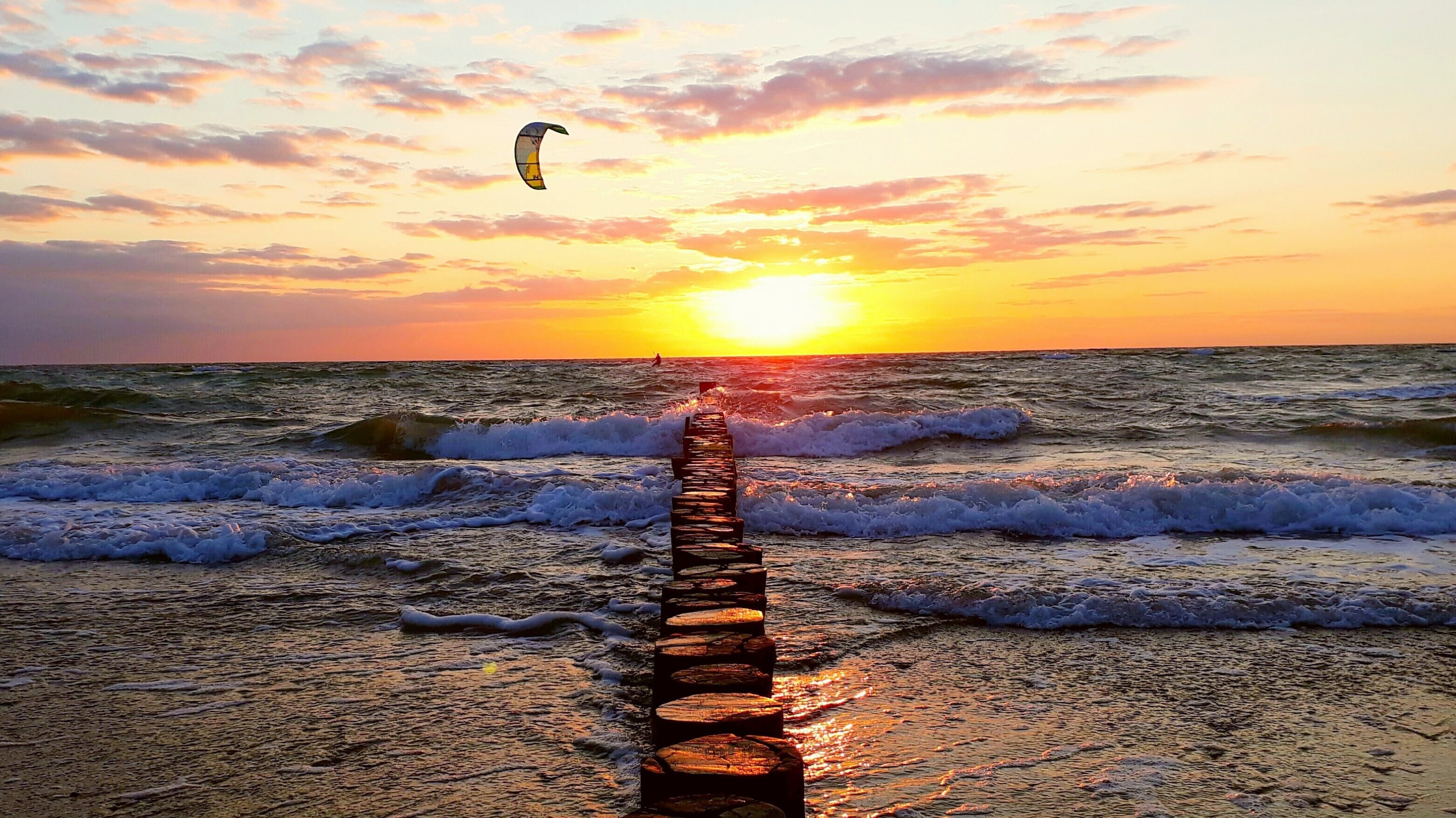 orange color, baltic sea, horizon over water, nature, cloud - sky, bright, 2K, kitesurfer, sky, darß, water, tranquility, sport, surf, beauty in nature, HD Wallpaper