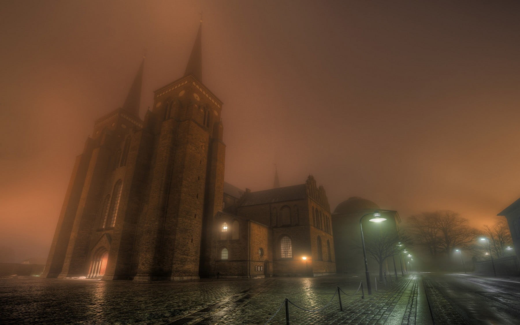 frame, belief, street light, city, fog, night, building, 720P, place of worship, mist, Denmark, church, sky, history, travel destinations, built structure, HD Wallpaper