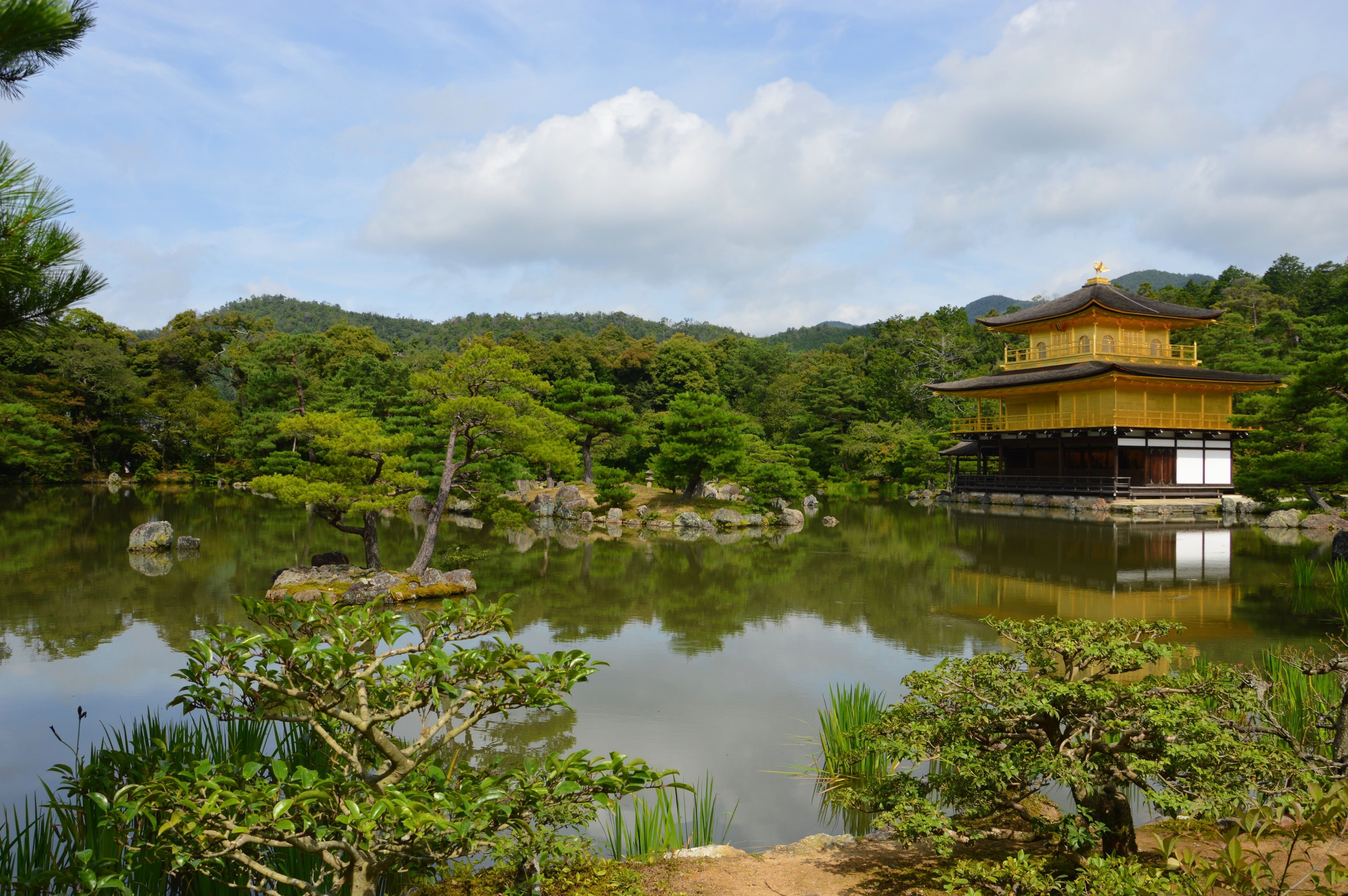 sky, religion, famous, sanctuary, water, plant, temple, japan, shintoism, lake, buddhist, architecture, kyoto, no people, kinkakuji, building exterior, HD Wallpaper