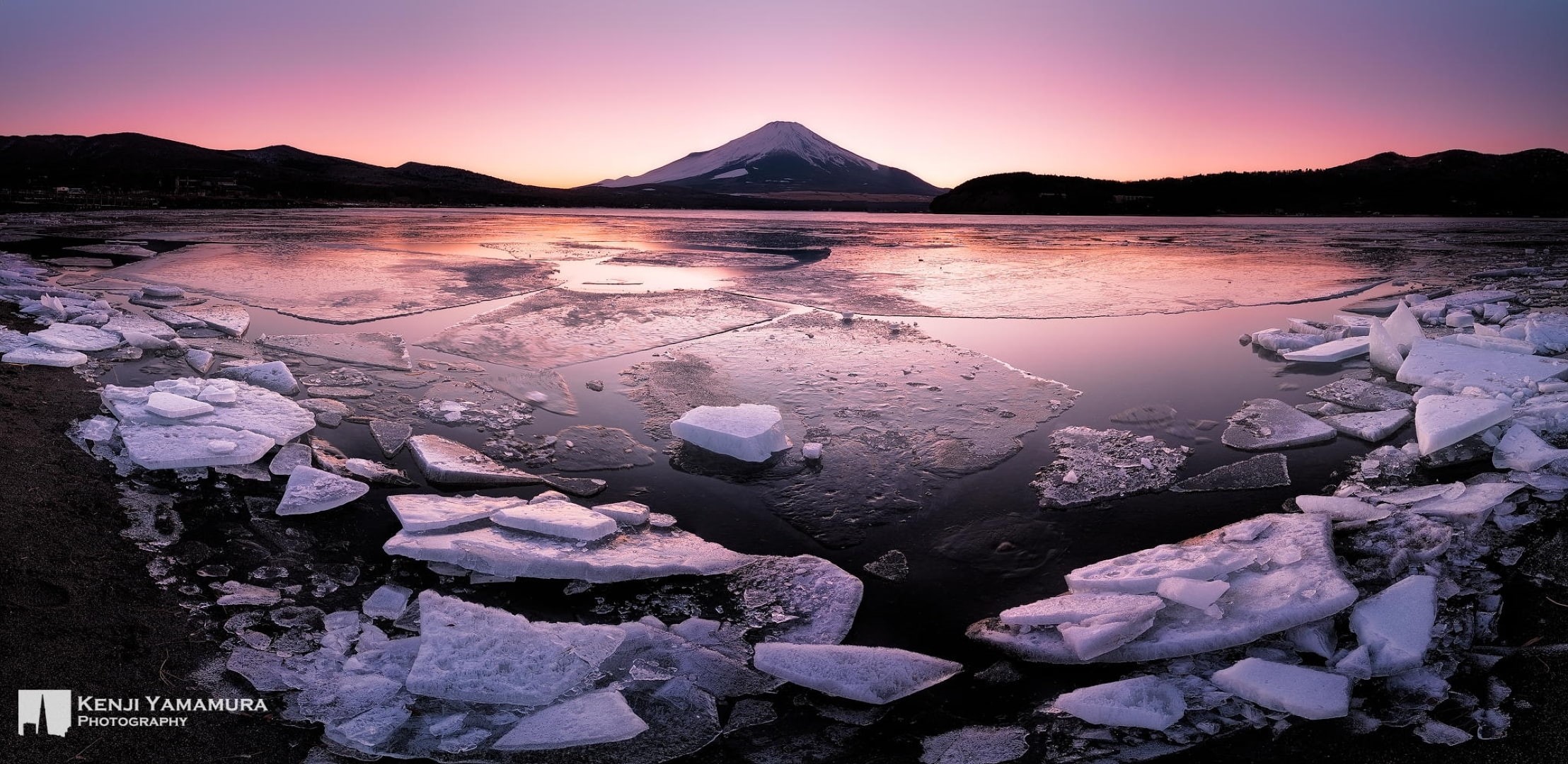 Japan, Kenji Yamamura, photographer, ice, sunset, Lake Yamanaka, 1080P, HD Wallpaper