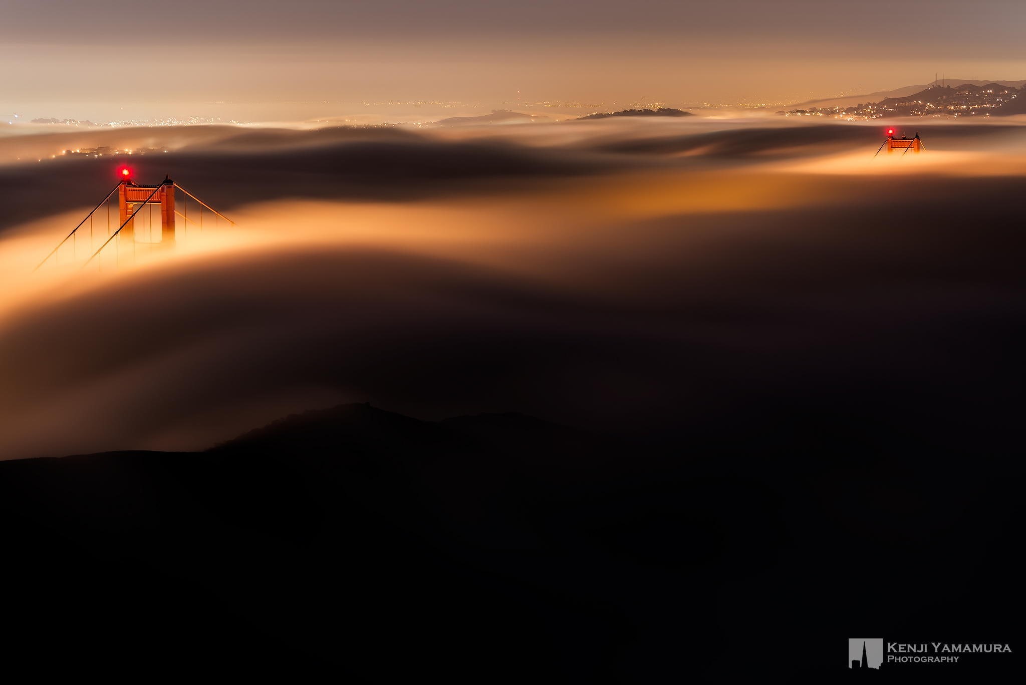 night, 1080P, San Francisco, Golden gate, lights, bridge, photographer, fog, Kenji Yamamura, support, HD Wallpaper