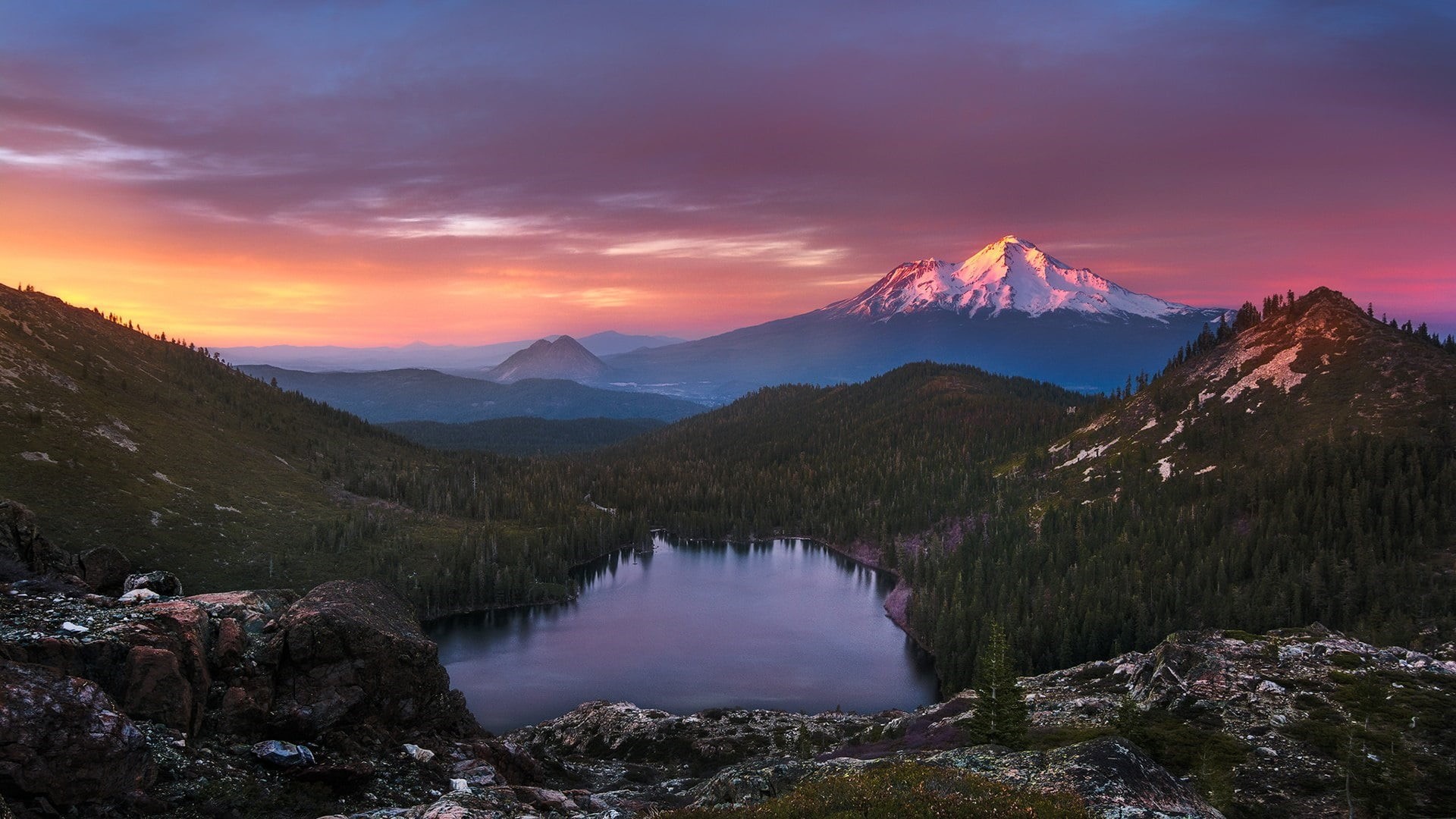 water, castle lake, mountain range, sun, landscape, nature, mountain peak, california, idyllic, mountain, environment, 1080P, no people, sunset, cloud - sky, HD Wallpaper