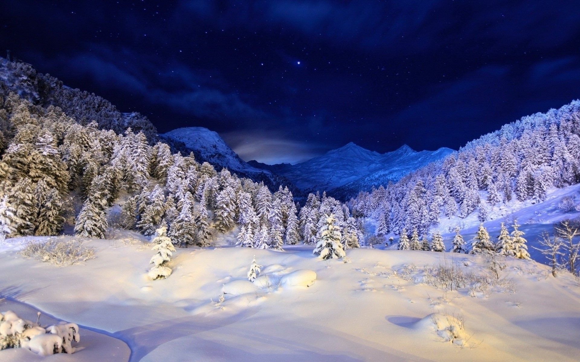 coated, Night, Forest, Snow, Stars, Winter, sky, 1080P, Trees, Mountains, HD Wallpaper