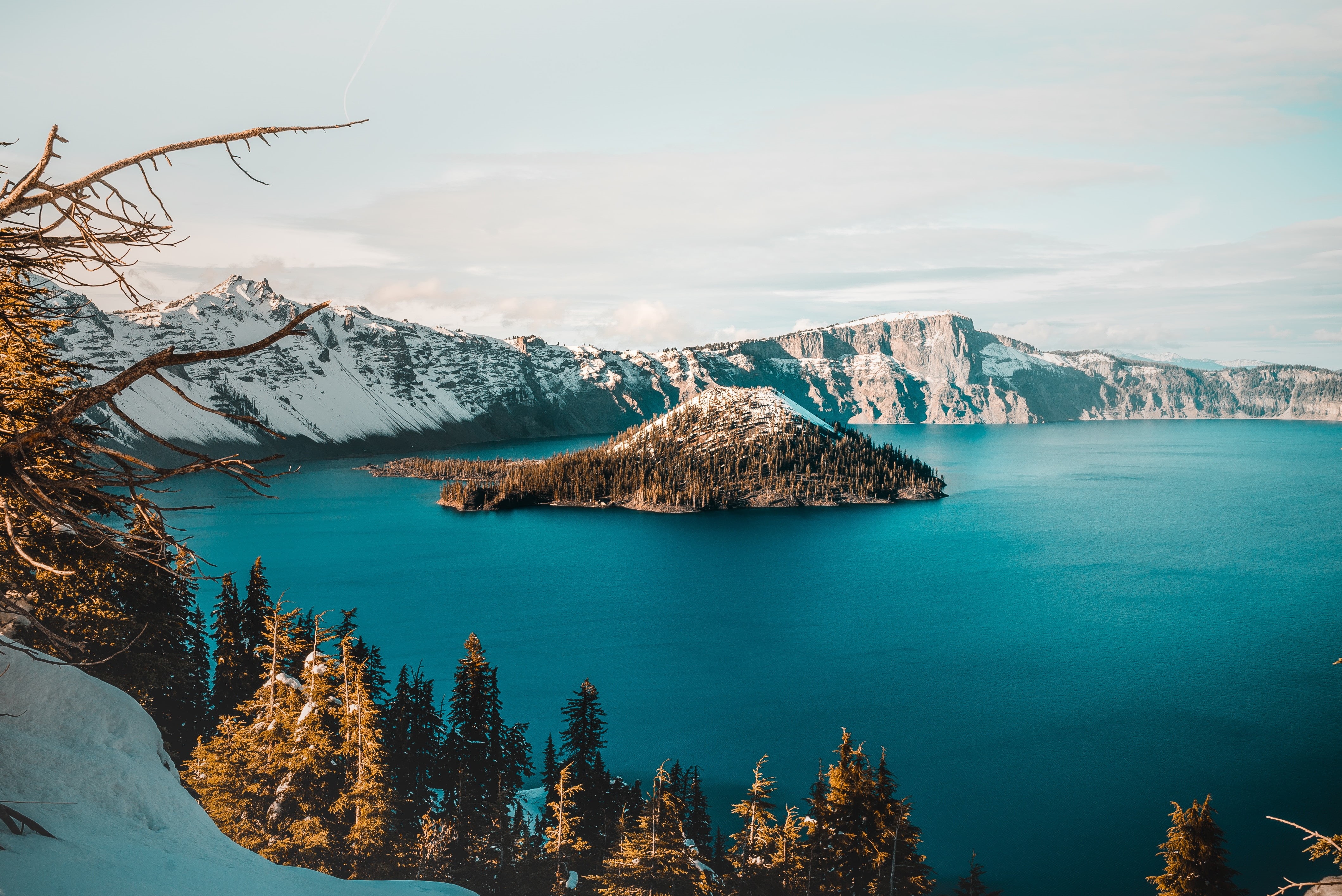cold temperature, snowcapped mountain, sky, crater lake, mountains, winter, body, USA, no people, tranquil scene, trees, water, 4K, snow, day, tranquility, HD Wallpaper