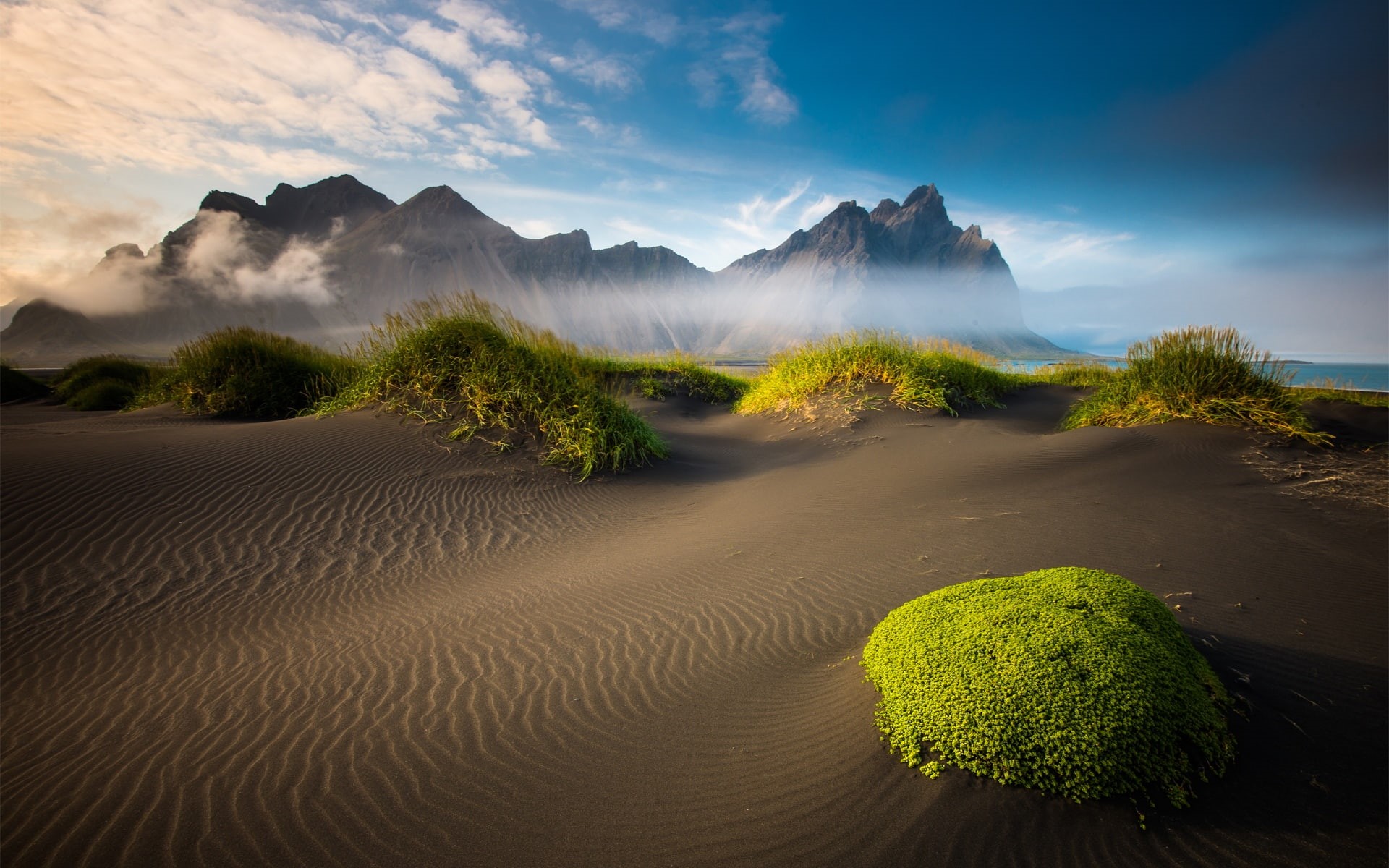 Sand, Moss, Clouds, Mountains, Sea, 1080P, Scenery, Iceland, Beautiful, Beach, HD Wallpaper