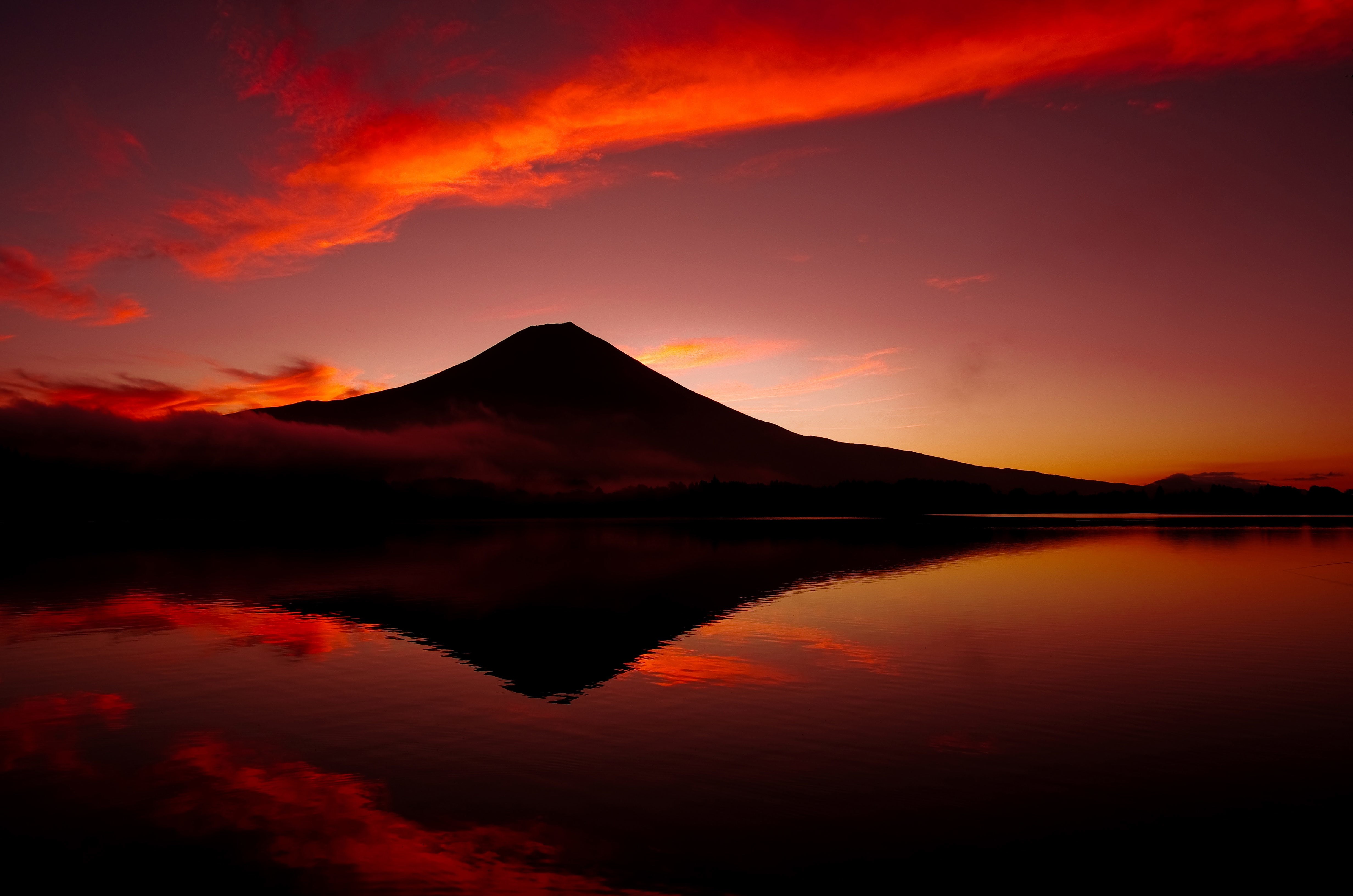 tranquil scene, tranquility, Mount Fuji, beauty in nature, water, red, 4K, sunset, nature, mountain peak, volcano, silhouette, Lake, mountain, no people, HD Wallpaper