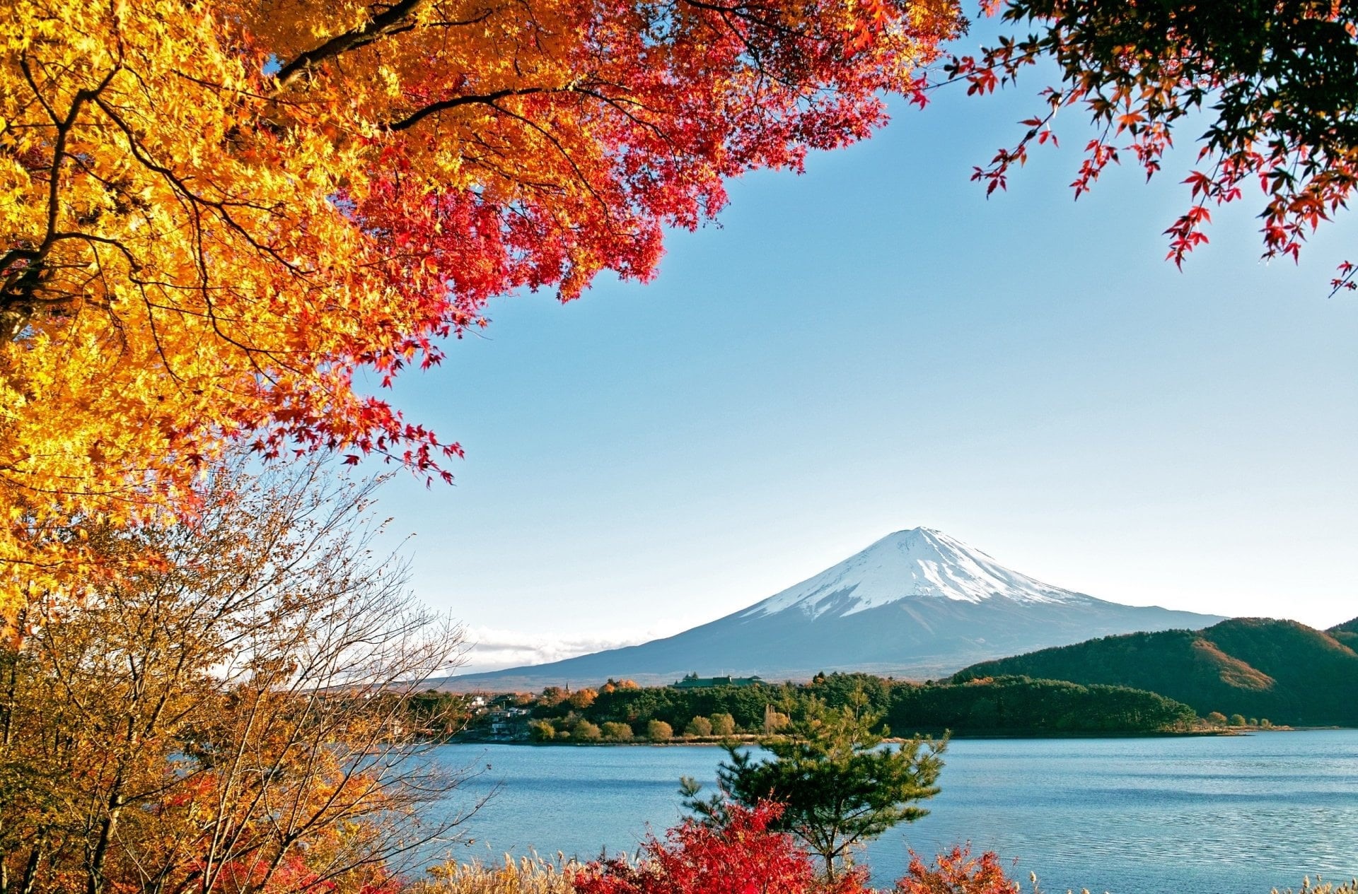 autumn, 1080P, Leaf, non-urban scene, Volcanoes, day, snow, Japan, change, outdoors, cold temperature, tranquil scene, tranquility, sky, nature, lake, HD Wallpaper