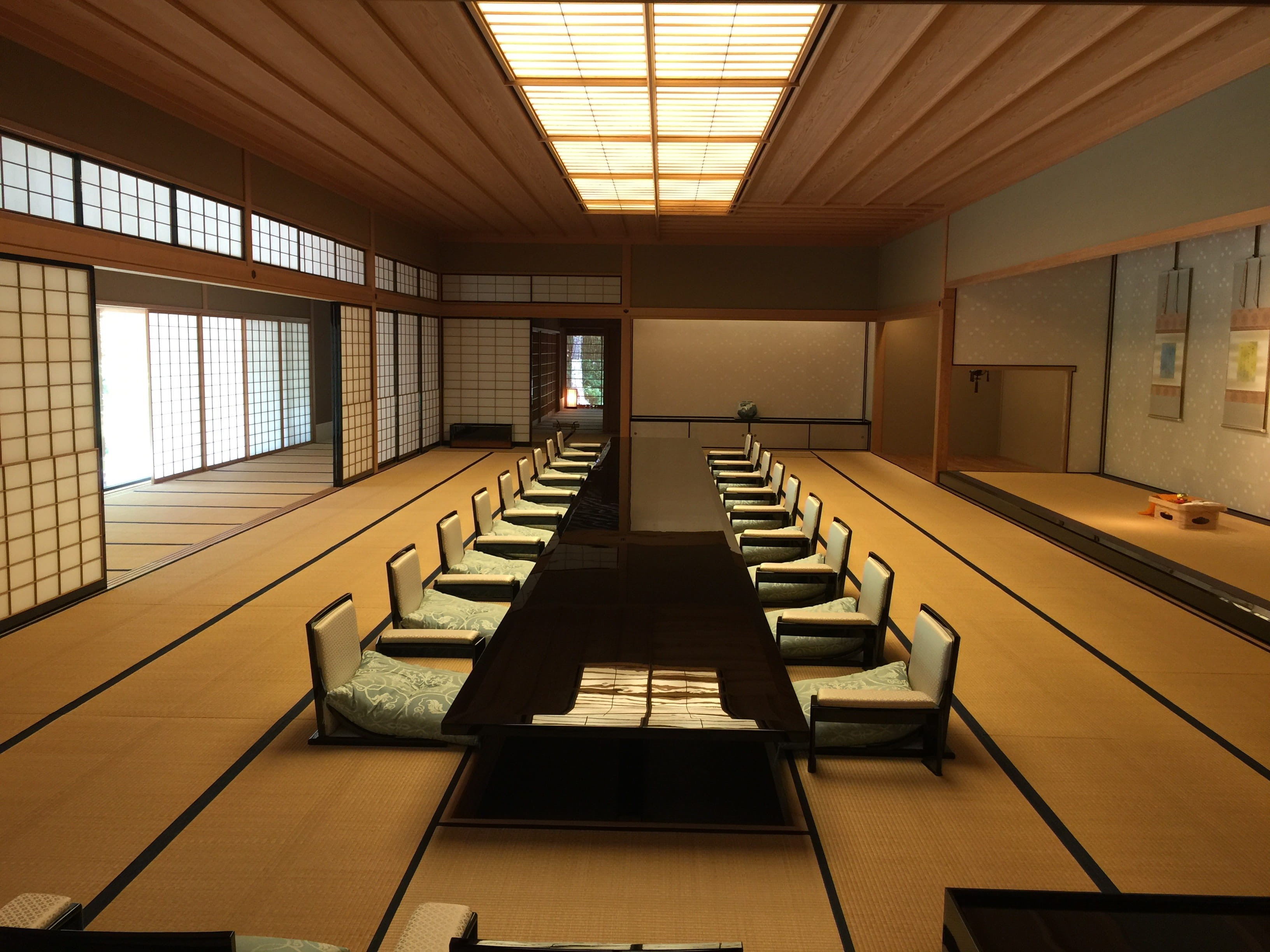 seat, Japanese-Style, day, ceiling, lighting equipment, surrounded, built structure, indoors, pattern, wooden, building, table, no people, diminishing perspective, HD Wallpaper