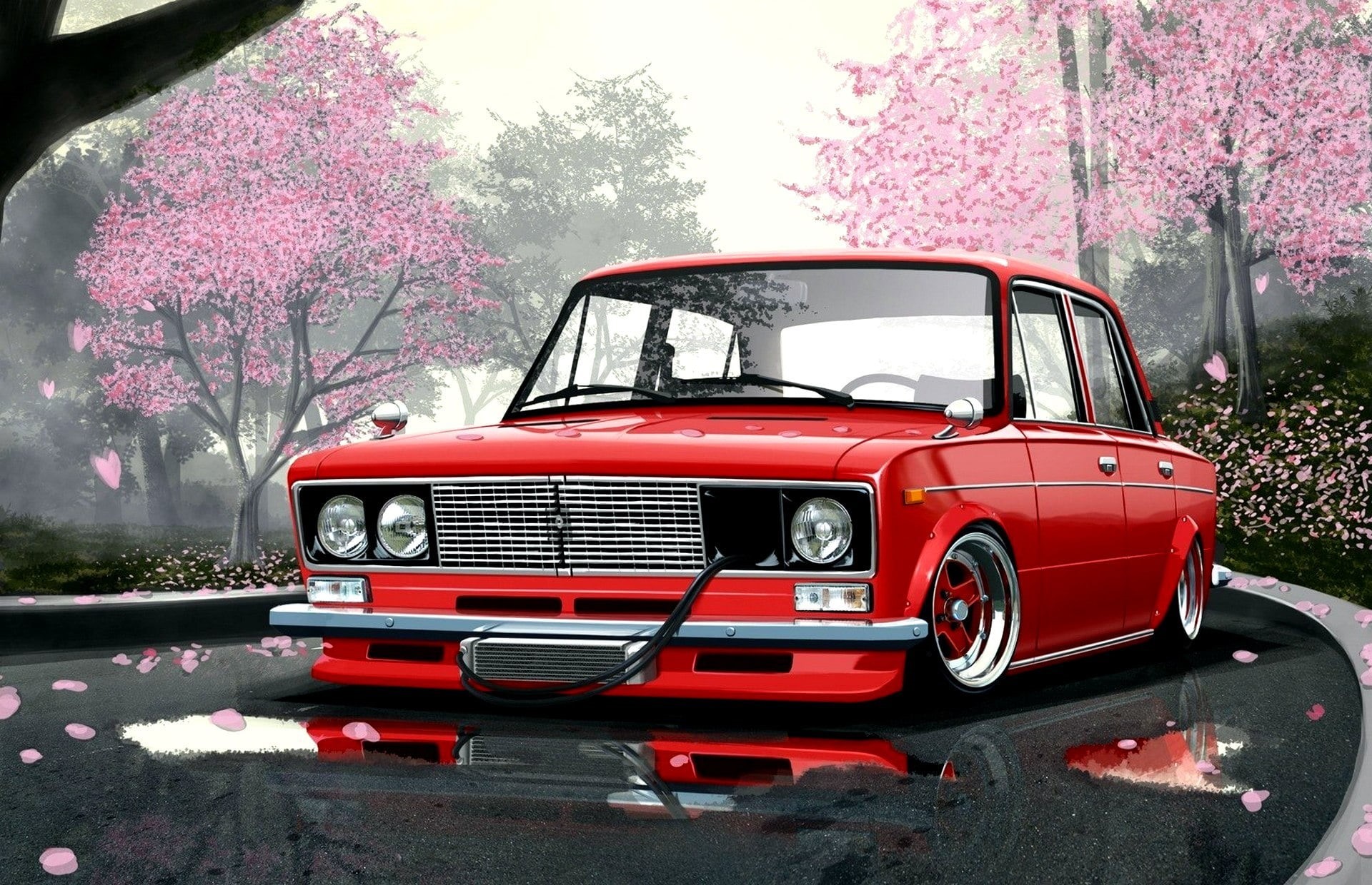 antique, outdoors, cherry blossom, pink color, old-fashioned, 1080P, plant, flower, grille, shiny, Figure, summer, transportation, Roads, no People, HD Wallpaper