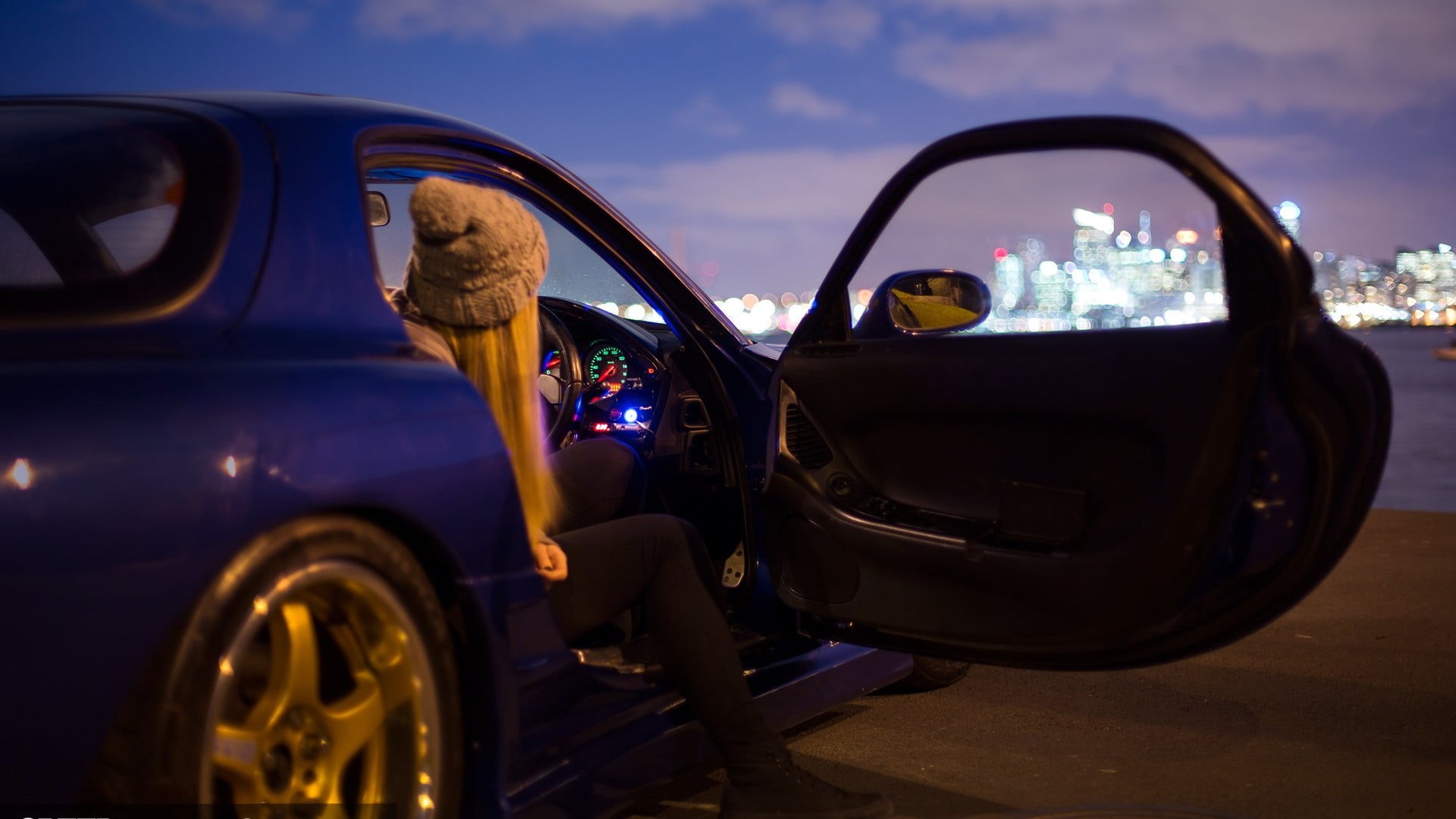 sports car, wheels, Mazda, car, traveller, dark, luxury, Mazda RX-7, Japanese cars, road, black, Speed Racer, vehicle, city, night, JDM, street style, 1080P, HD Wallpaper
