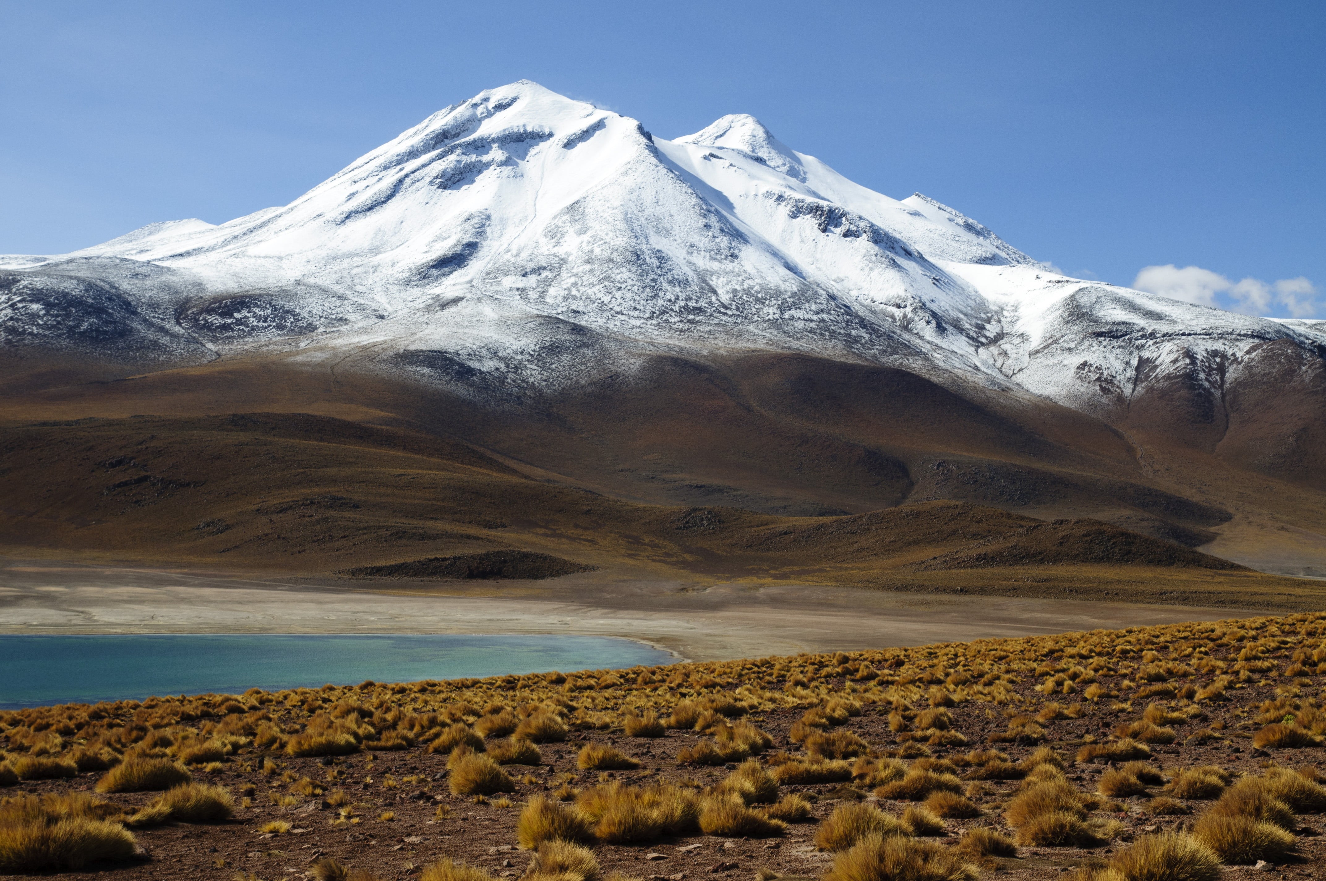outdoors, Nikon  D300, 4K, nature, Chile, body, San Pedro de Atacama, scenics, snow, volcano, body of water, photography, landscape photography, mountain, HD Wallpaper