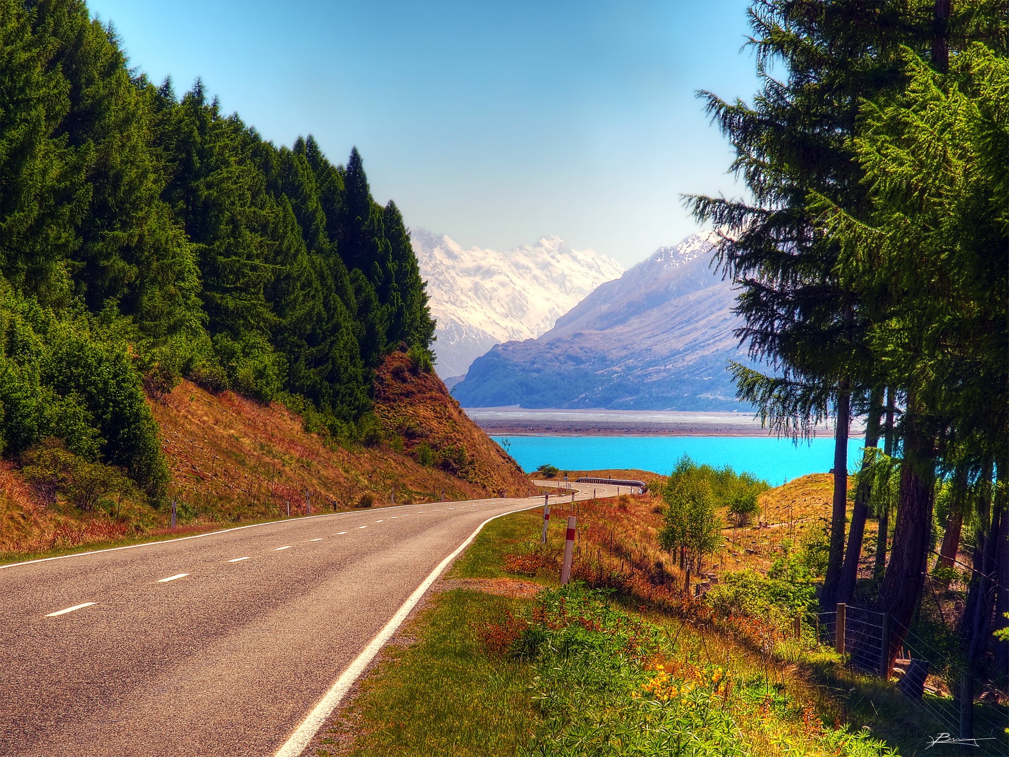 forest, clear, grass  trees, nature, road, sky  lake, lookout, body of water, asphalt, cook, sky, snow, cyan  blue, nz, scenics, blue, lake pukaki, outdoors, HD Wallpaper