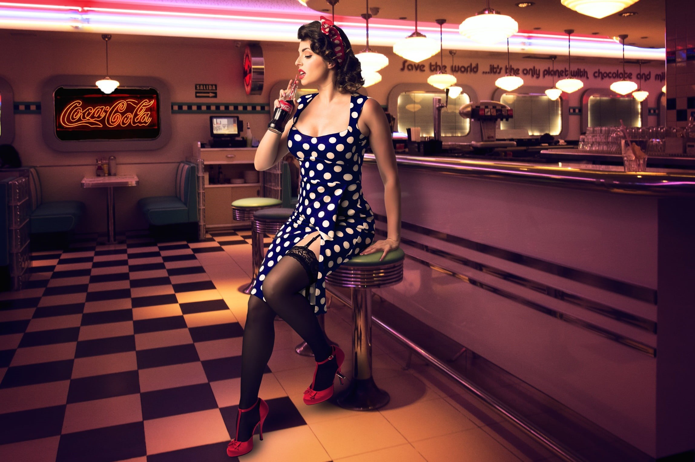model, bar, women, 1080P, polka dots, black stockings, women indoors, Coca-Cola, garter belt, HD Wallpaper