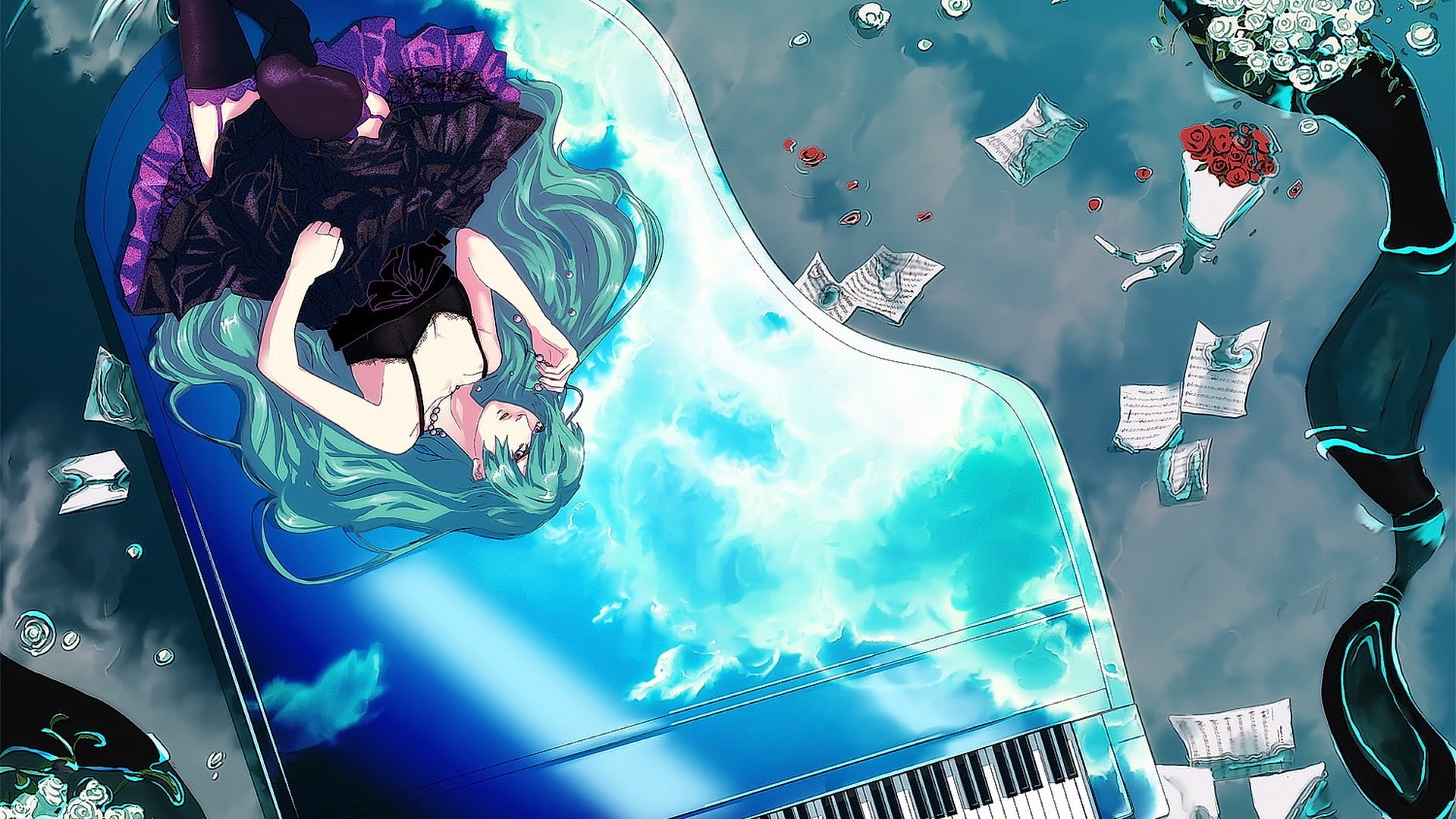 garter belt, aqua hair, anime girls, Hatsune Miku, 1080P, flowers, long hair, anime, Vocaloid, piano, open mouth, HD Wallpaper