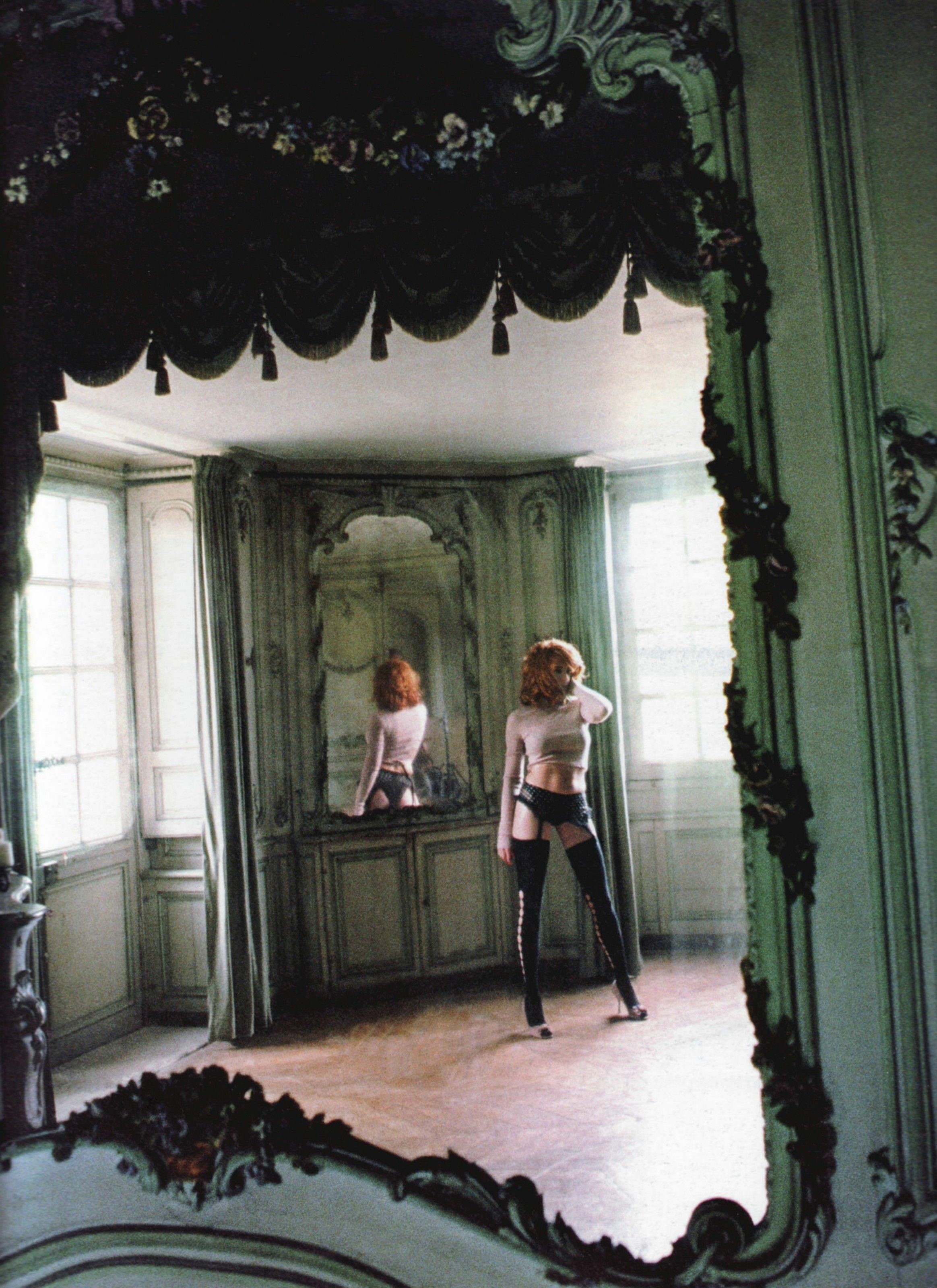 Mylène Farmer, redhead, garter belt, stockings, 2K, French, belly, mirror, hand on head, singer, Phone HD Wallpaper