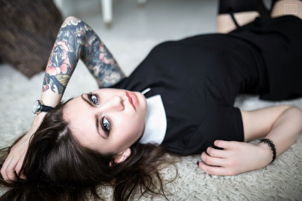 720P, black stockings, women, black dress, looking at viewer, Anastasia Lomakova, tattoo, on the floor, garter belt, model, hands on head, HD Wallpaper
