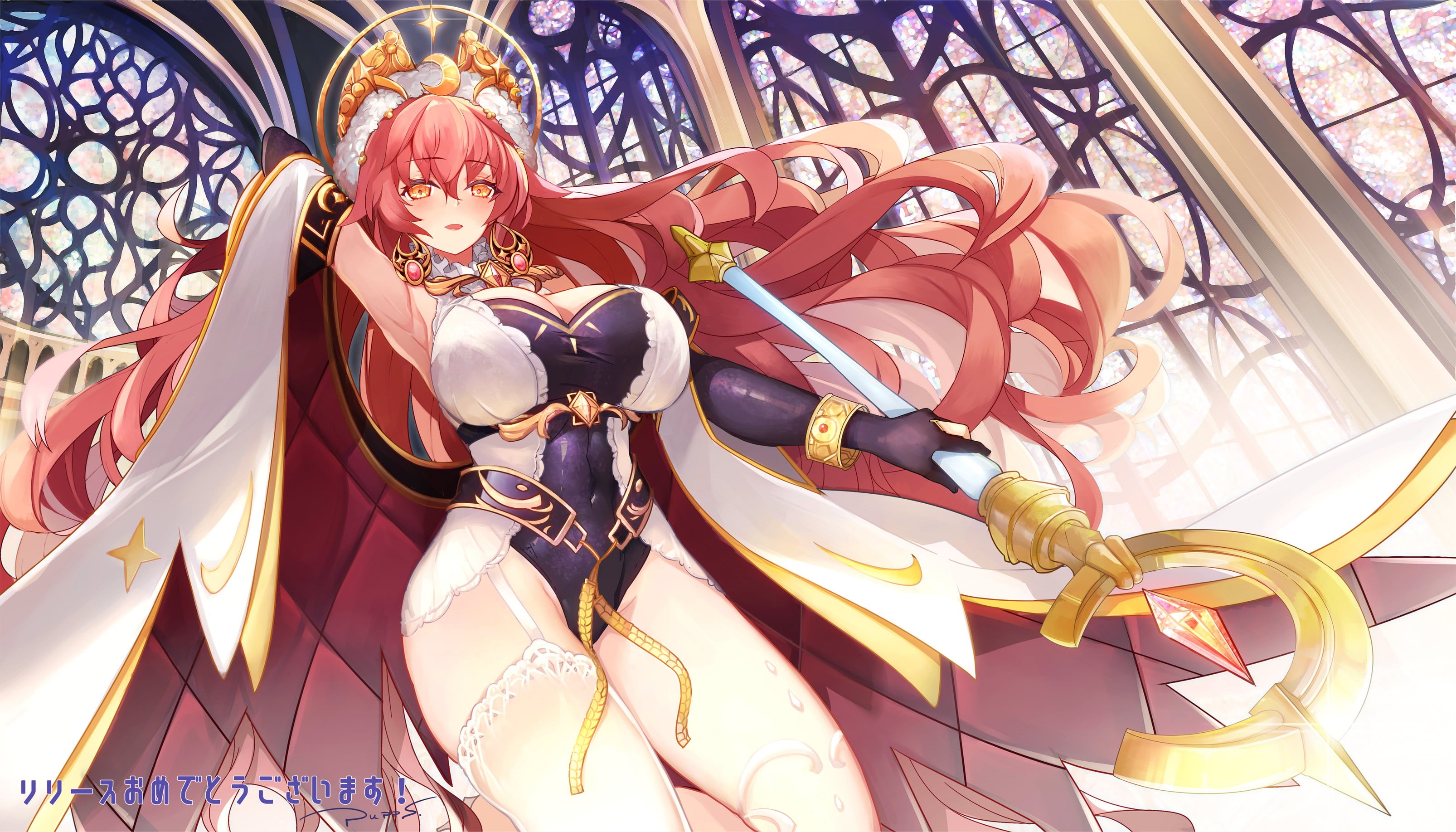 leotard, stockings, garter belt, 2K, readhead, long hair, headband, cape, gloves, cleavage, HD Wallpaper