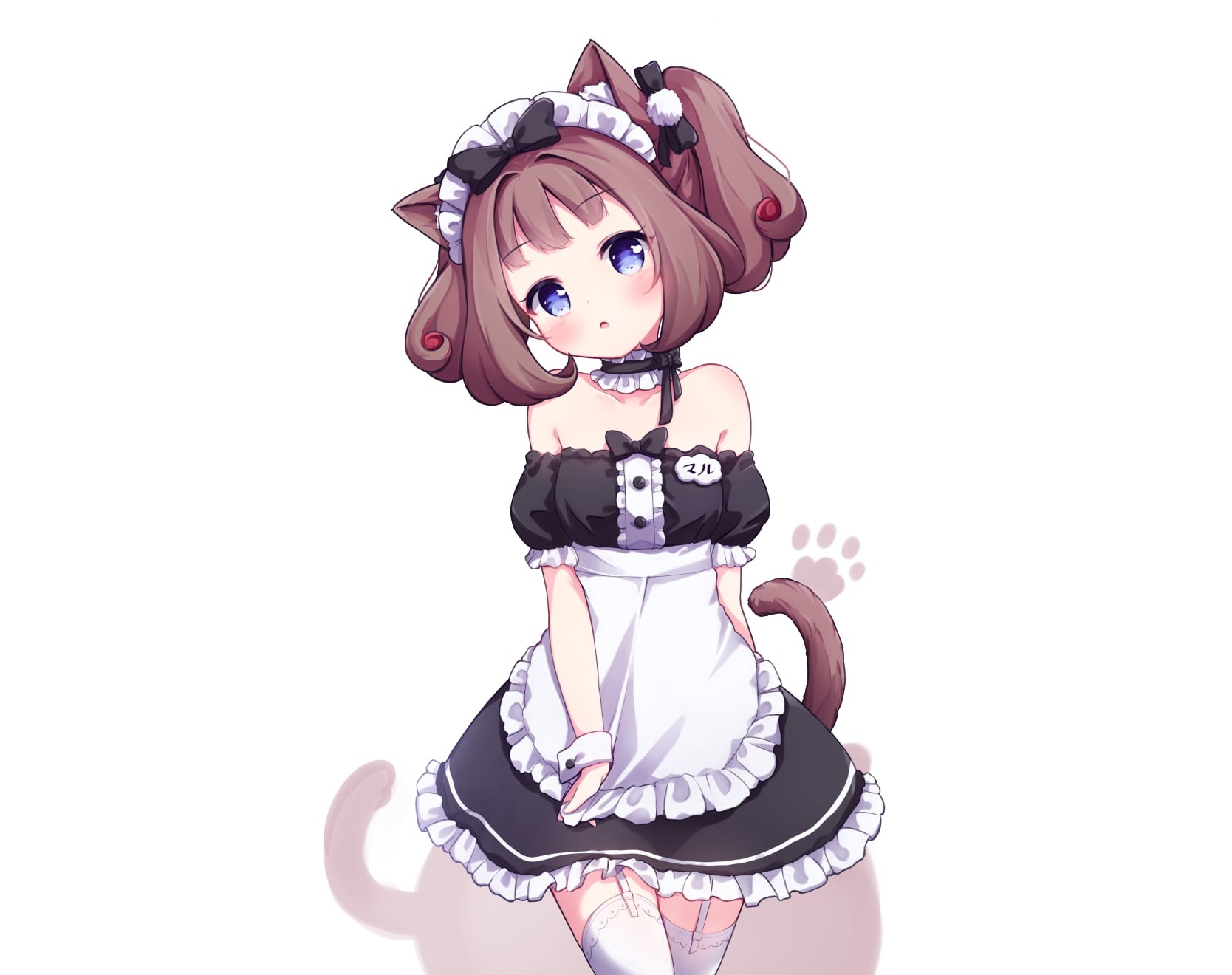 maid, stockings, tail, headdress, loli, twintails, purple eyes, 720P, brunette, garter belt, blush, waitress, wristwear, cat girl, HD Wallpaper