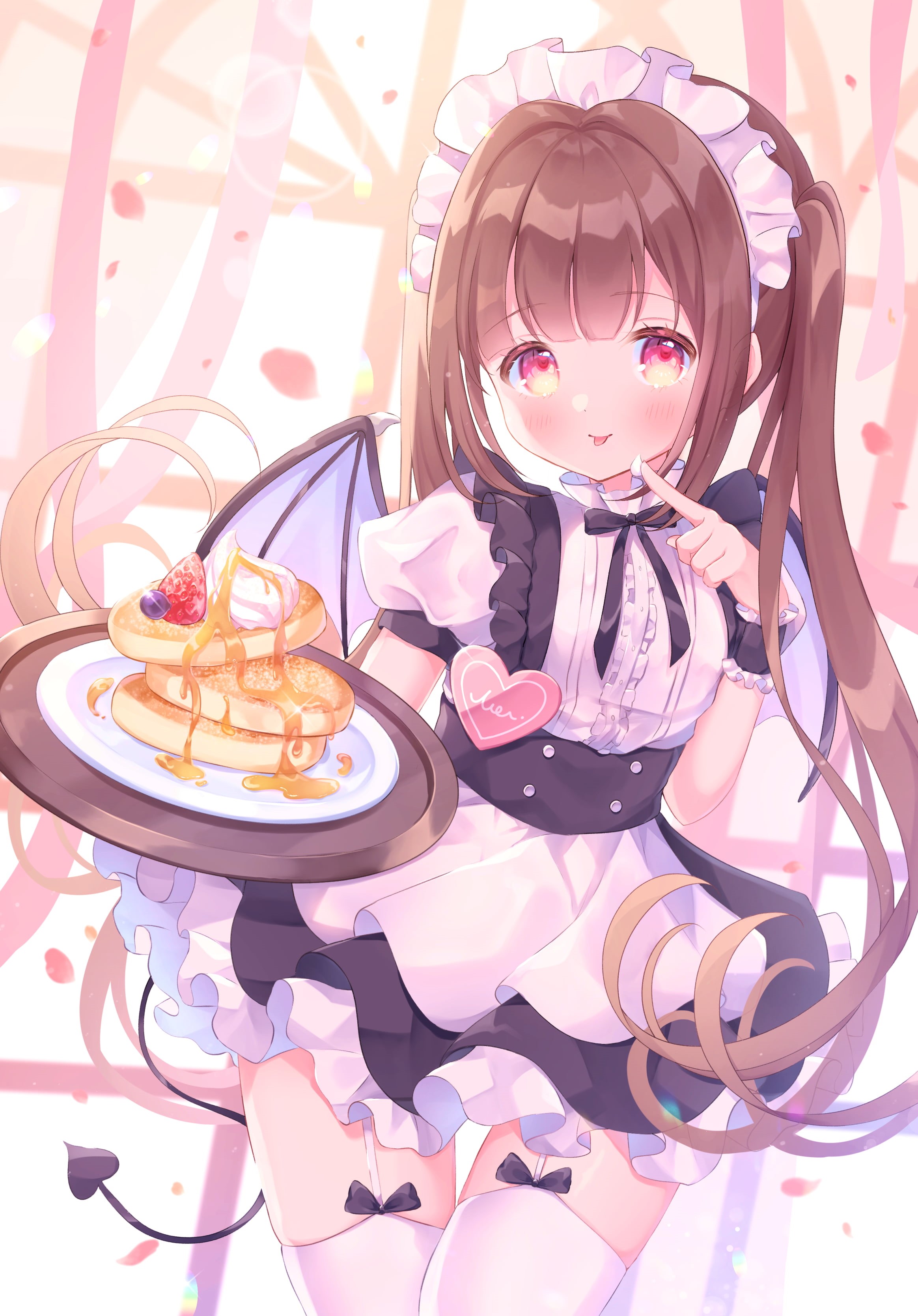 garter belt, anime, brunette, anime girls, waitress, 2K, bat wings, vertical, Phone HD Wallpaper