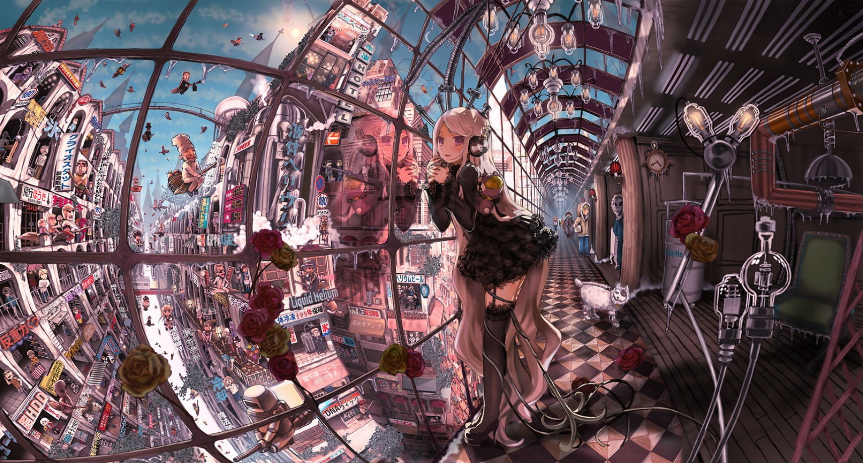 john, lolita, long, original, eyes, fashion, garter, 720P, flowers, dress, scenic, red, belt, sky, animal, stockings, dog, hair, tagme, hathway, HD Wallpaper