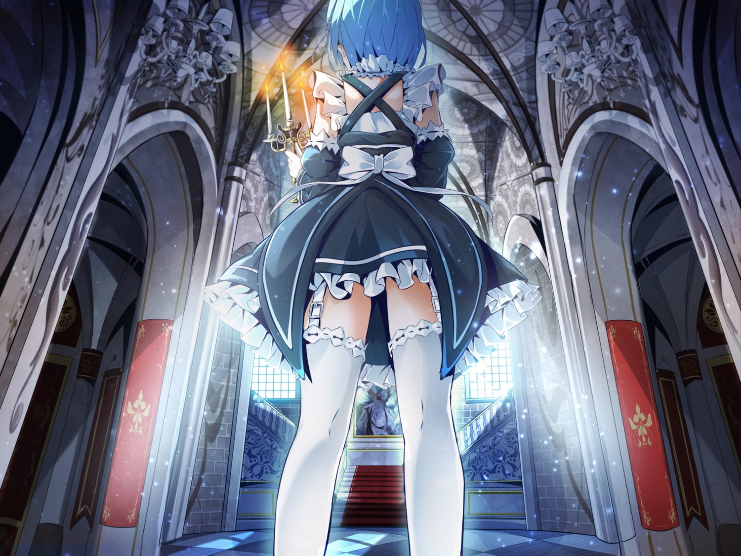 hajimeru, short, maid, stairs, aqua, rem, (re, seikatsu, kara, 261475, hair, isekai, 720P, com, konachan, garter, zero, zero), belt, bow, stockings, tagme, HD Wallpaper