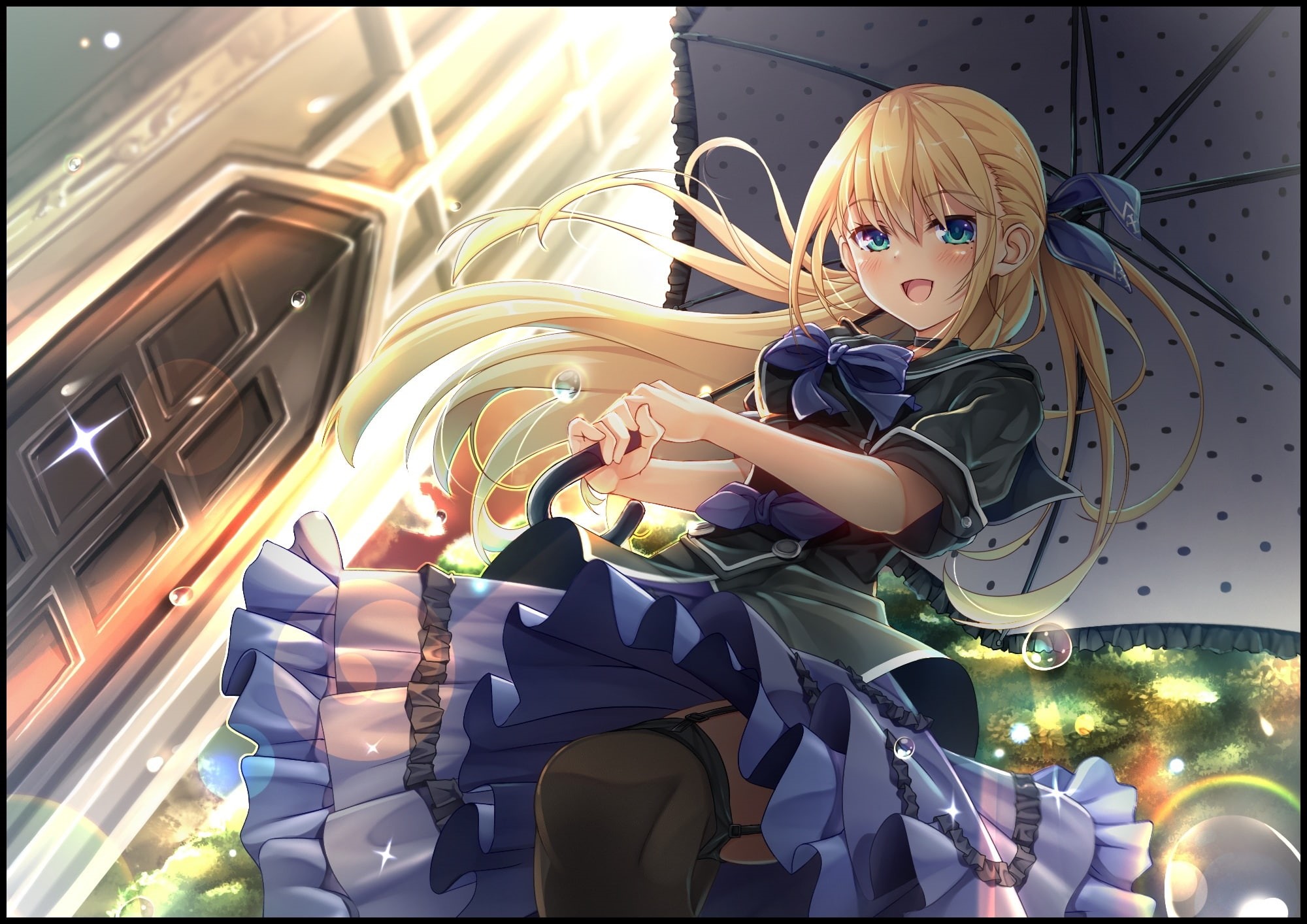 konachan, 239977, aliasing, blonde, umbrella, bow, bubbles, original, yuuta, garter, belt, green, 1080P, eyes, com, moeki, hair, long, HD Wallpaper