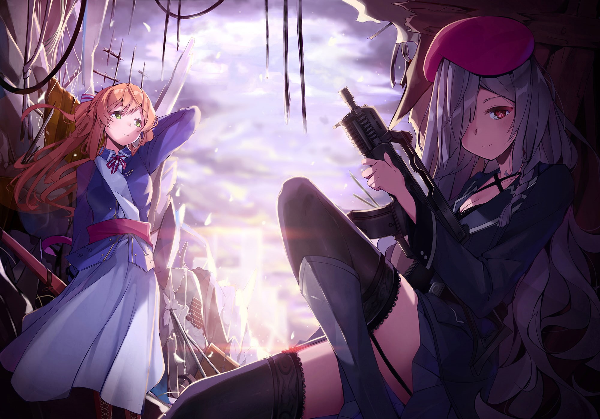 blonde, weapon, boots, 2girls, eyes, green, belt, long, sky, hair, stockings, red, gun, 1080P, skirt, braids, 255940, konachan, pot-palm, garter, ruins, HD Wallpaper