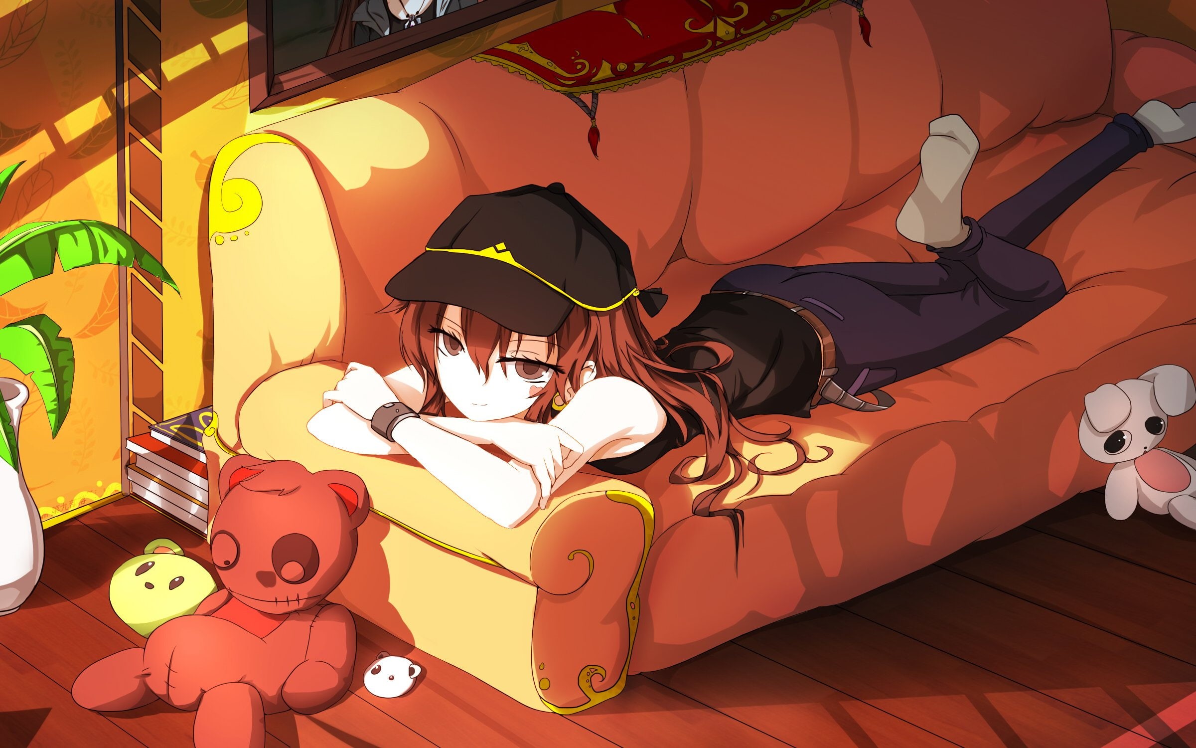 1080P, bunny, bear, sen, original, hat, book, long, loli, hair, socks, teddy, eyes, wristwear, brown, HD Wallpaper