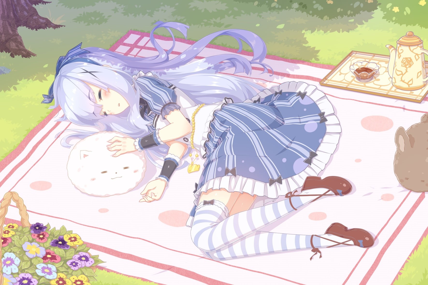 usagi, senba, flowers, chino, blush, bow, thighhighs, 720P, com, gochuumon, hikari, dress, sleeping, wristwear, konachan, desu, kafuu, ka-, 246161, drink, HD Wallpaper