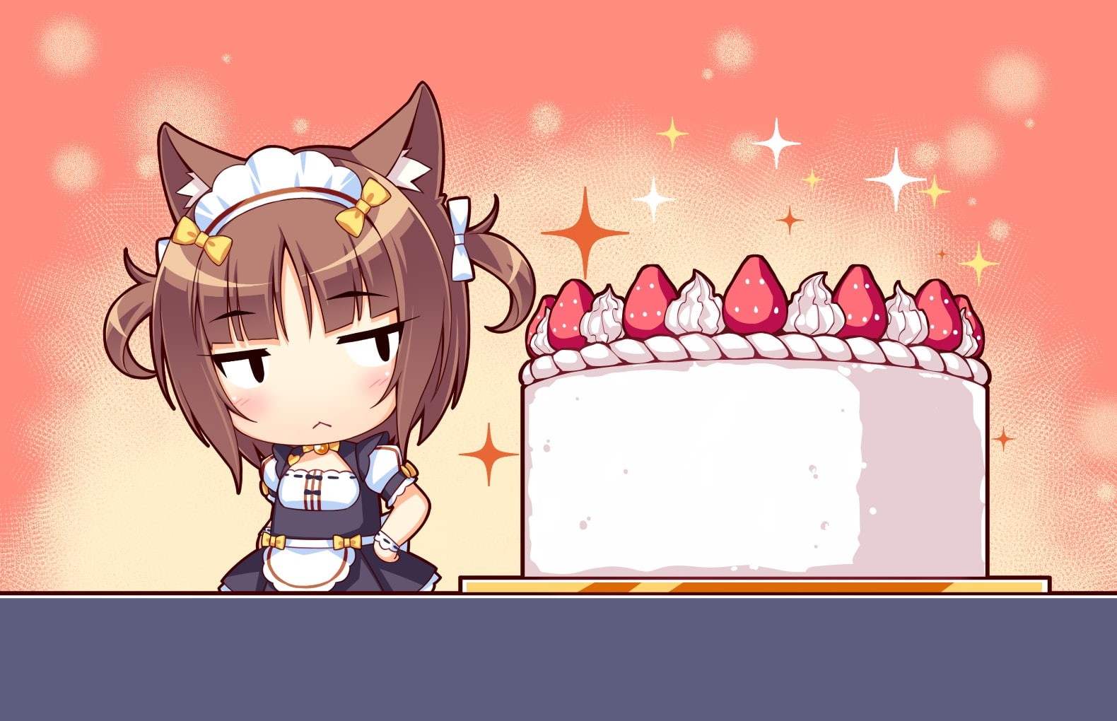 brown, game, ribbons, nekopara, short, catgirl, cake, maid, konachan, waitress, chibi, works, fruit, wristwear, twintails, blush, neko, apron, sayori, 720P, HD Wallpaper