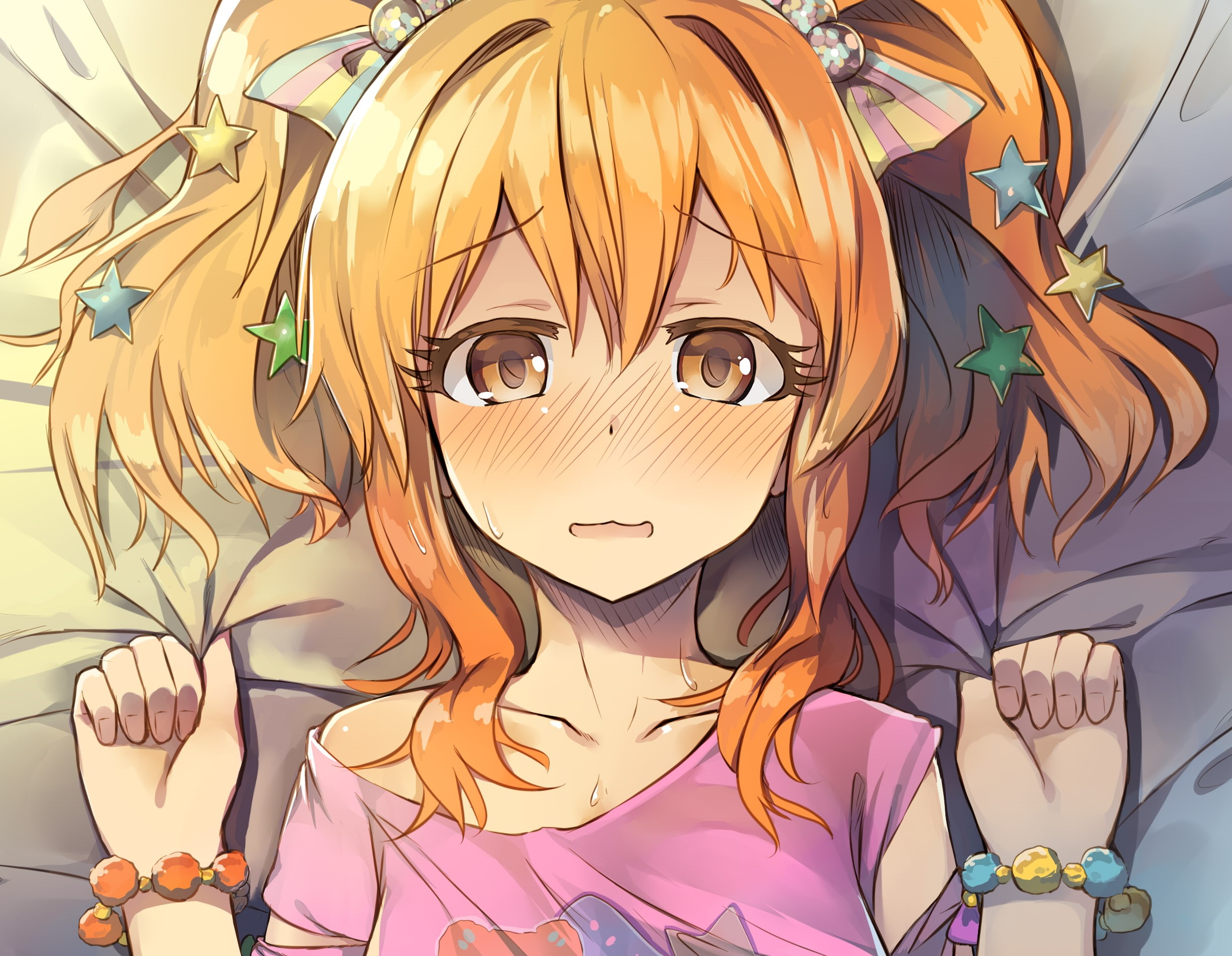 bed, idolmaster, 1080P, long, 257619, wristwear, blush, cinderella, girls, bow, tagme, com, hair, konachan, moroboshi, close, twintails, eyes, kirari, HD Wallpaper