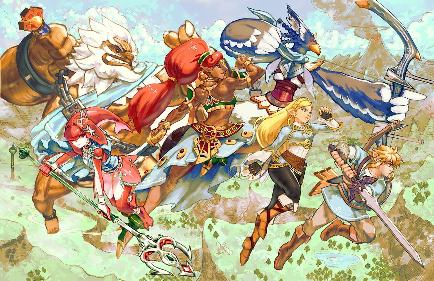 braids, weapon, scenic, red, 720P, wristwear, urbosa, sword, armor, konachan, 262458, daruk, skirt, eyes, gloves, male, sky, ponytail, clouds, animoose, HD Wallpaper