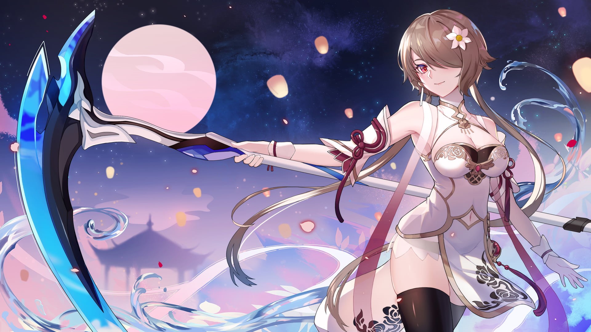 scythe, water, wristwear, Moon, twintails, long hair, 1080P, stars, Chinese dress, cleavage, HD Wallpaper