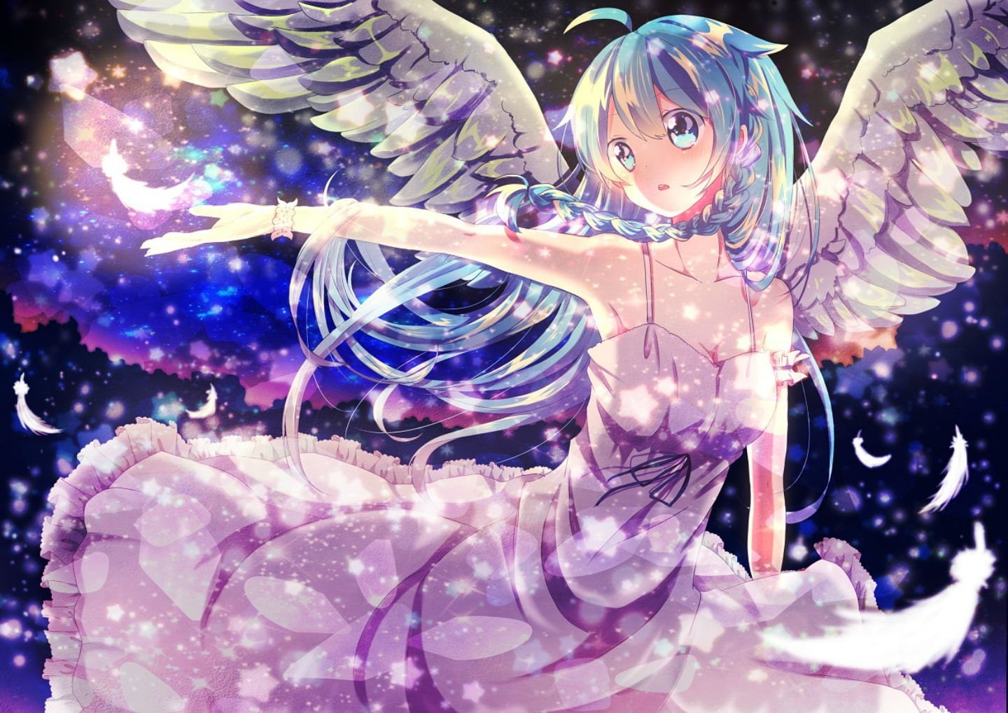 blue, long, dress, hair, braids, wristwear, eyes, original, 720P, wings, blush, feathers, sora, tsugu, HD Wallpaper