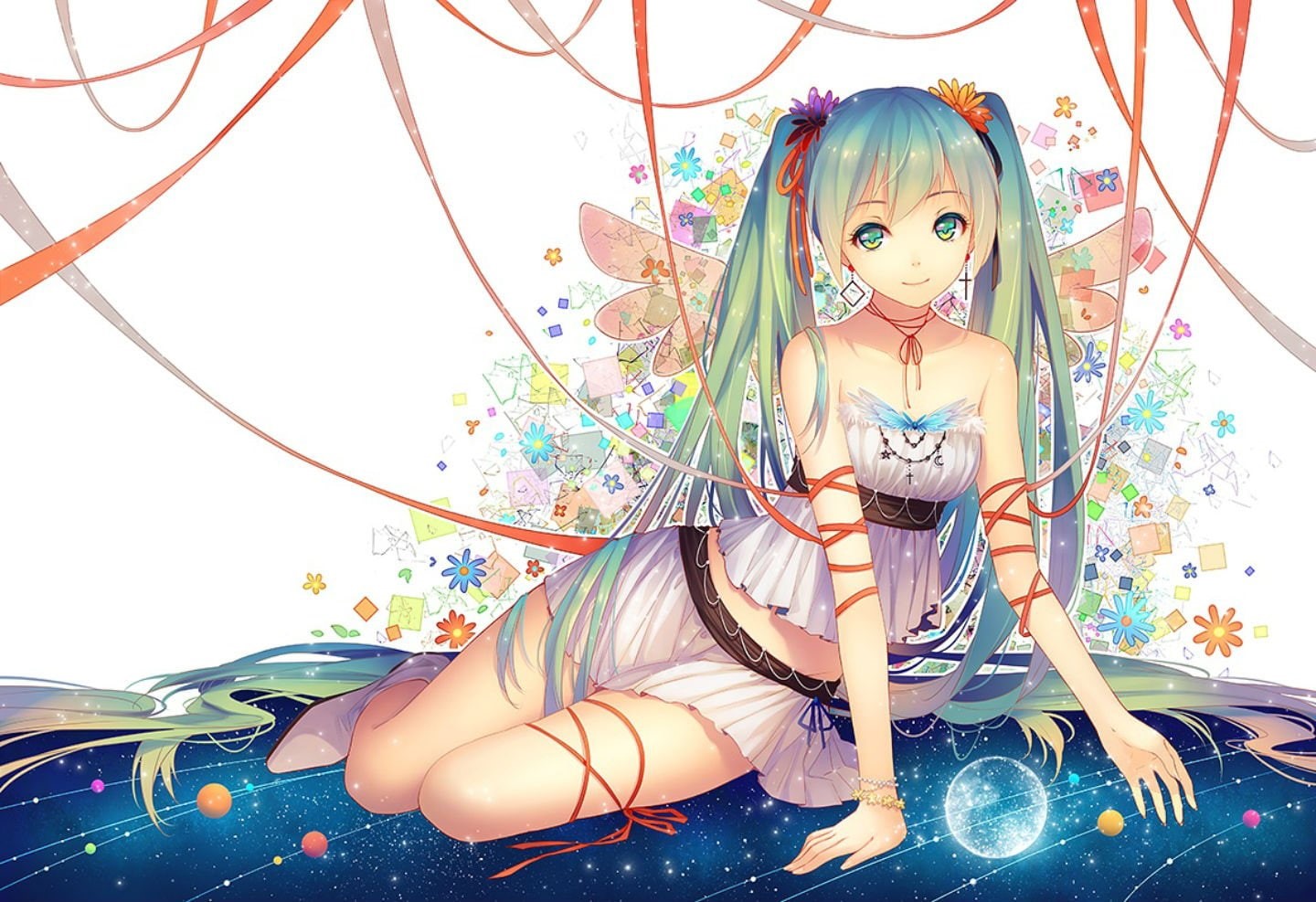 green, vocaloid, twintails, miku, skirt, eyes, hair, wristwear, hatsune, ribbons, long, tidsean, 720P, HD Wallpaper