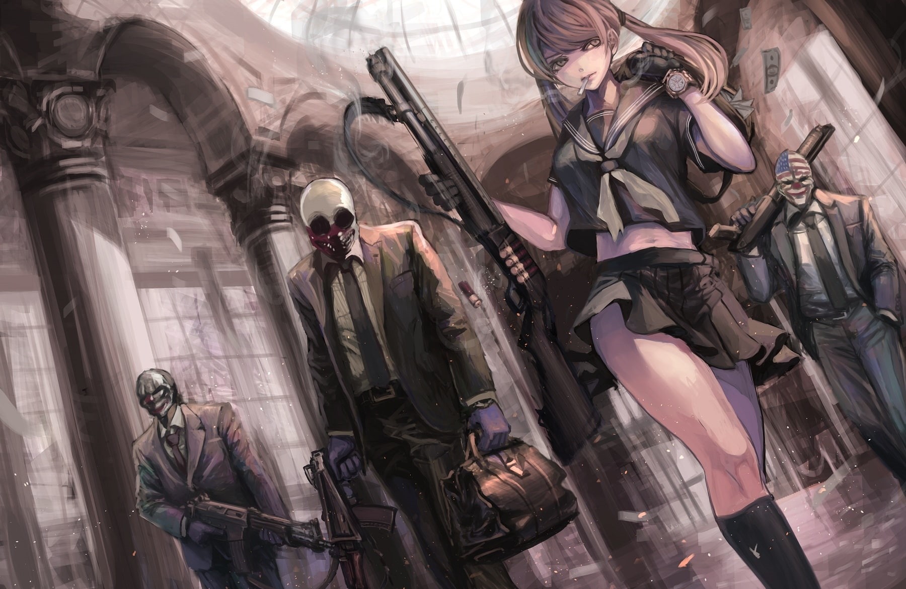 konachan, 720P, suit, wristwear, payday, gloves, skirt, weapon, mask, 238018, tie, com, gun, (rook777), seifuku, terabyte, HD Wallpaper